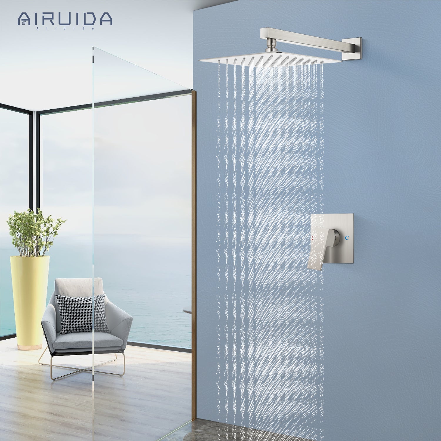 Airuida Shower Faucet Set, Single Function Shower Handle Wall Mount Bathroom Rainfall Shower Mixer, Square 10 Inch Shower Head Shower Valve and Trim Kit with Female Thread Rough-in Valve