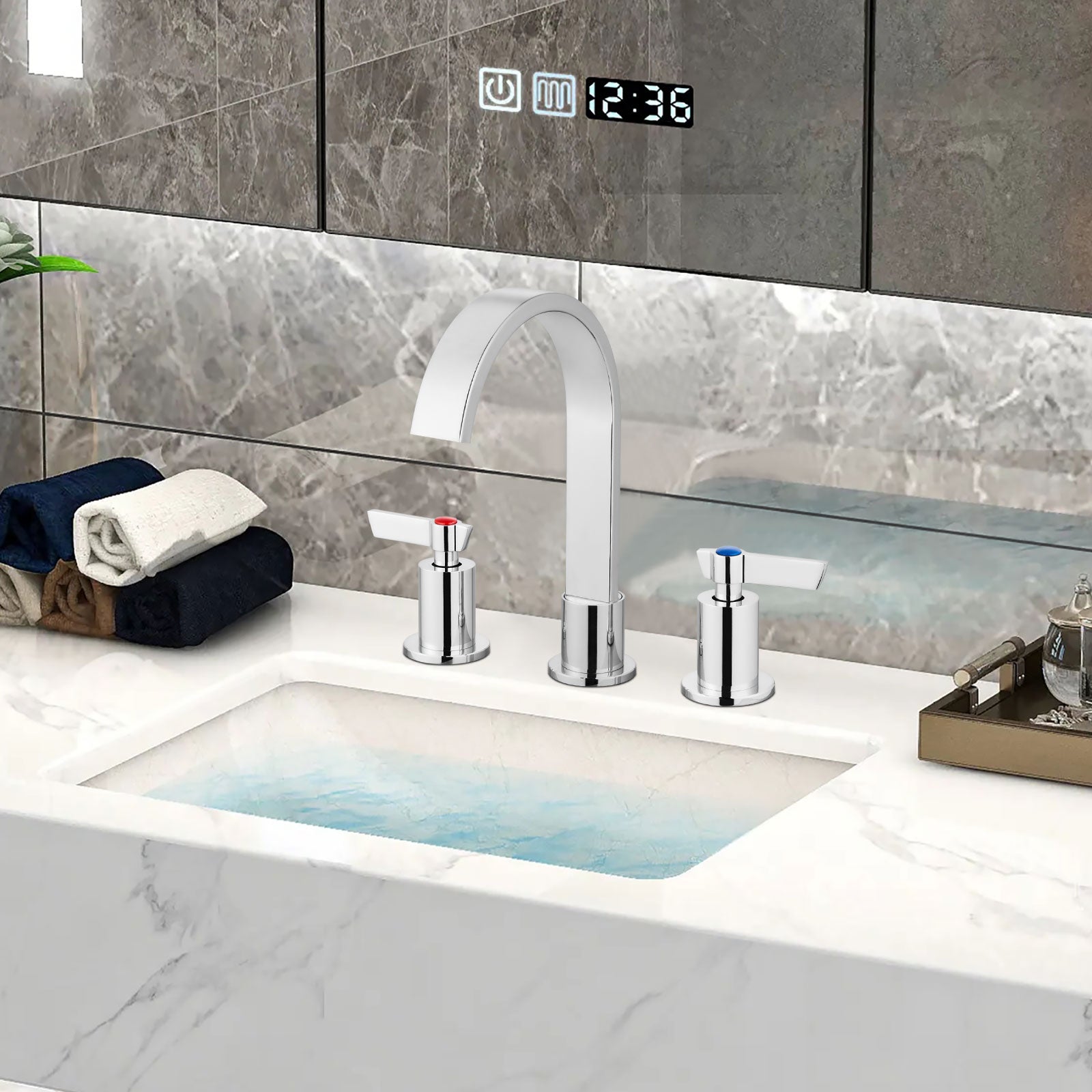 Airuida 3 Hole Bathroom Faucet,8 inch Widespread Tap 2 Handles Stainless Steel Lavatory Vanity Sink Faucets with Pop Up Drain 360 Degree Swivel Waterfall Spout