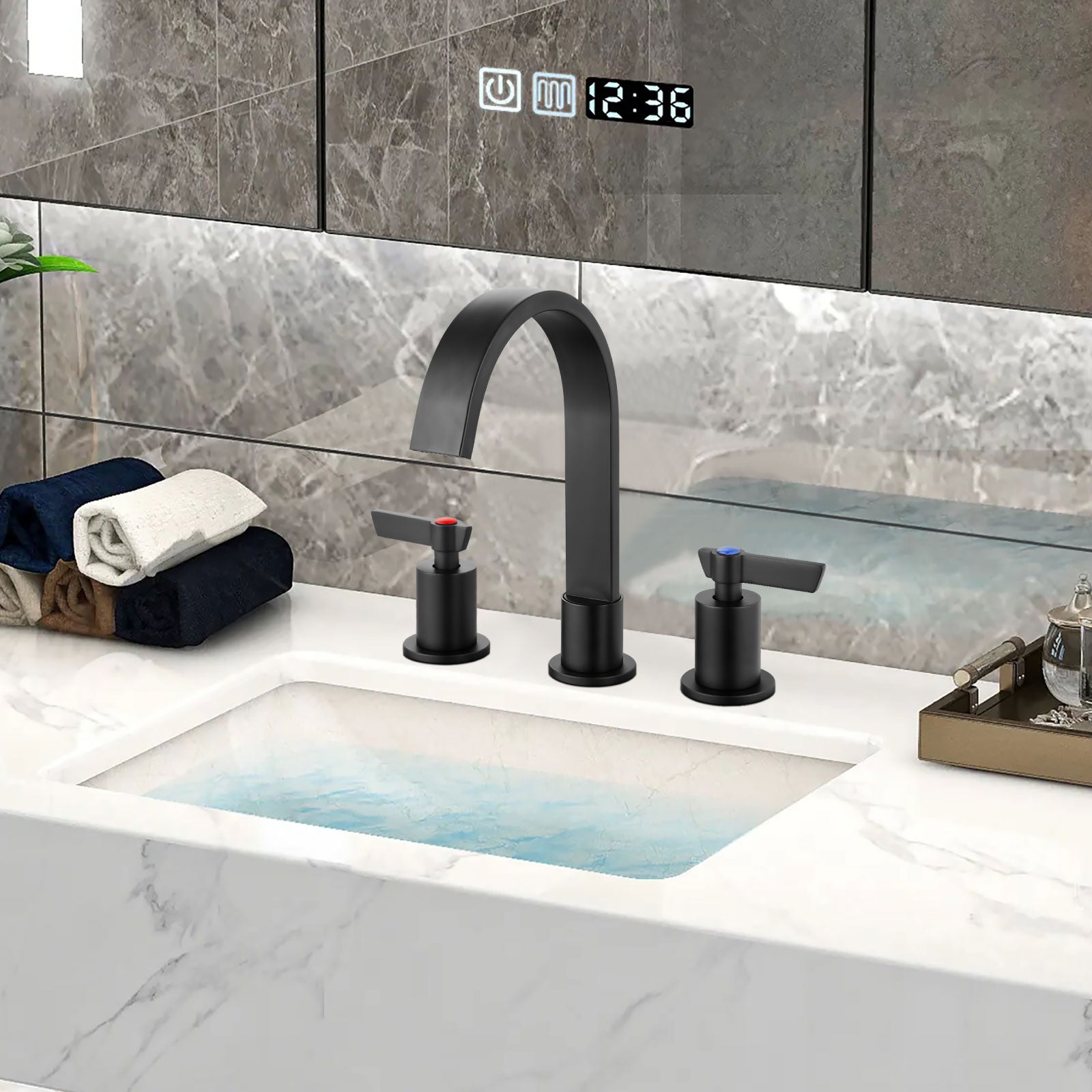 Airuida 3 Hole Bathroom Faucet,8 inch Widespread Tap 2 Handles Stainless Steel Lavatory Vanity Sink Faucets with Pop Up Drain 360 Degree Swivel Waterfall Spout