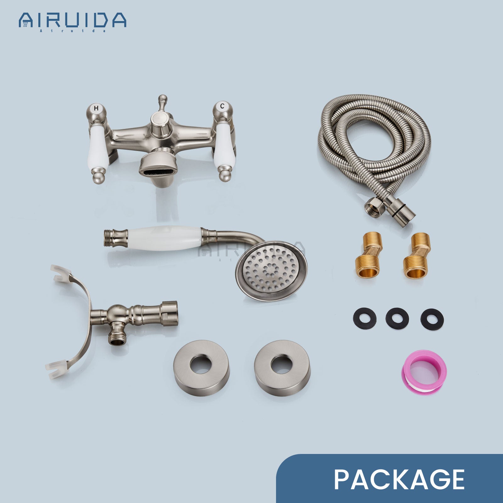 Airuida Wall Mount Bathtub Shower Faucet Kit with Telephone Shaped Handheld Sprayer Double Hot and Cold Water Mixer Tap Wall Mounted Tub Filler Set Vintage Style Lever Handles Brushed Nickel