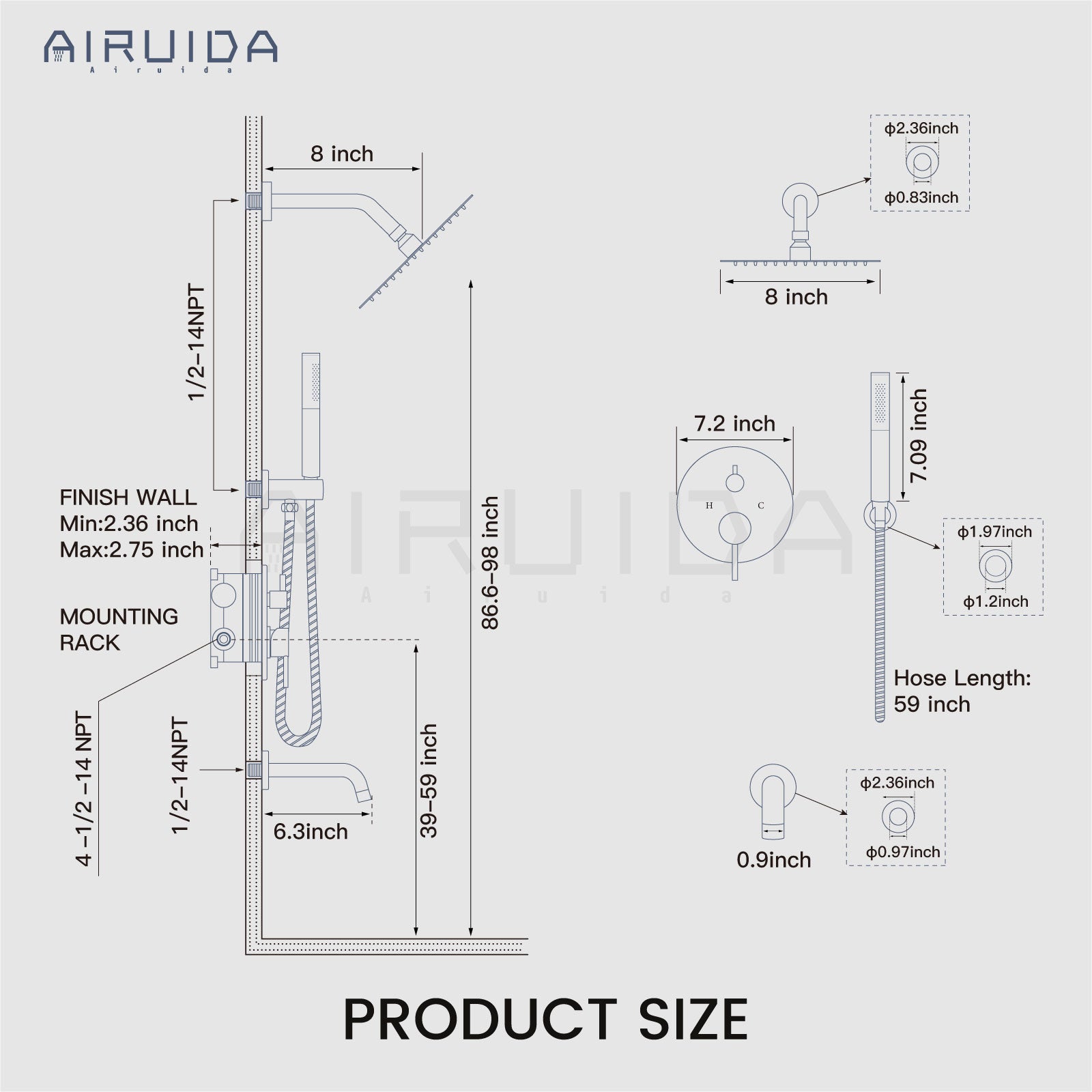 Airuida Shower Fixtures 2 Functions Shower Faucet Set Wall Mounted for Bathroom High Pressure Brass Handheld Shower with Rough-in Valve Round Rainfall 8 Inch Shower Head Brushed Gold