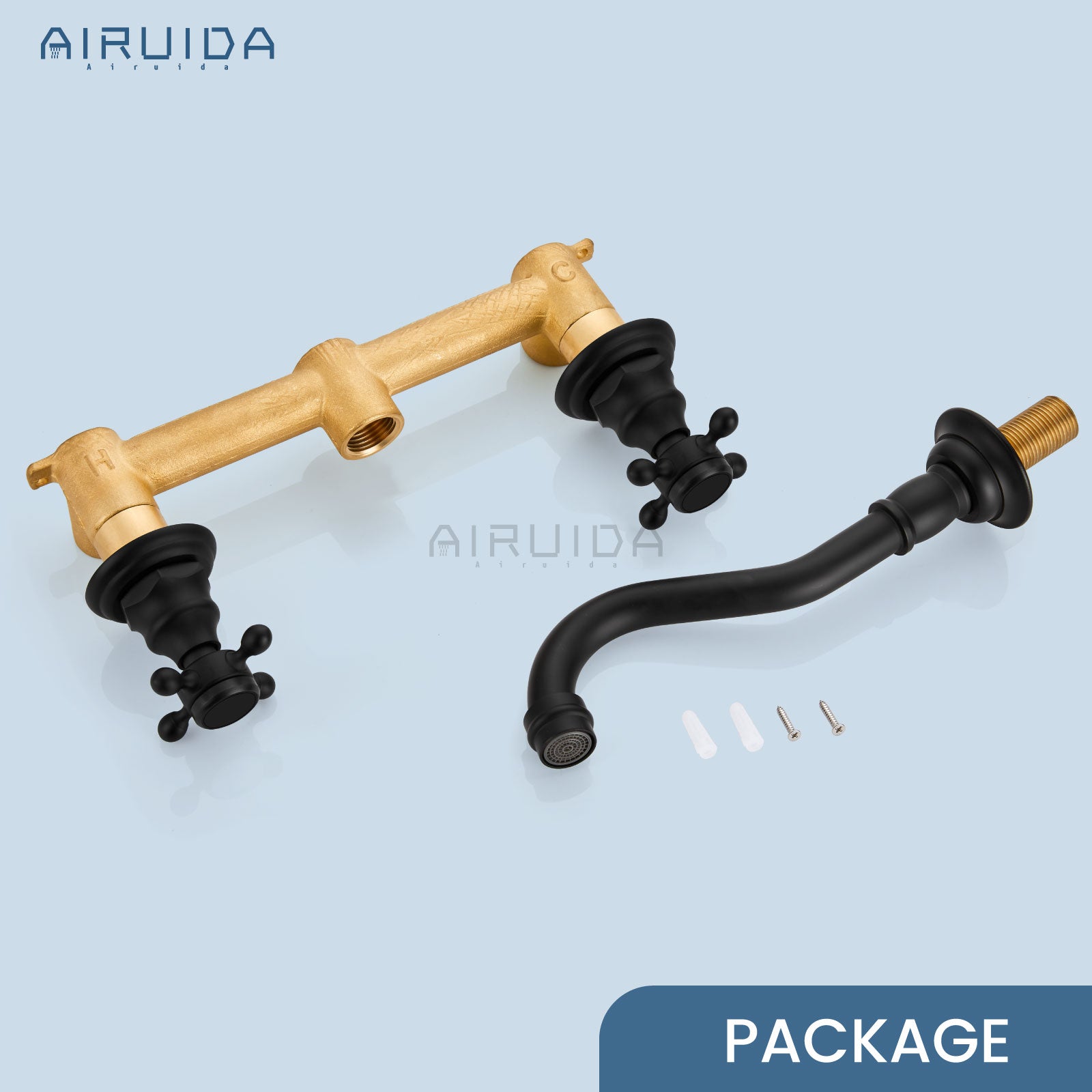Airuida Wall Mount Bathroom Faucet Widespread Wall Mounted Bathroom Sink Faucet 360 Swivel Spout 2 Cross Knobs 3 Holes Lavatory Basin Sink Mixing Faucet with Brass Rough in Valve Matte Black