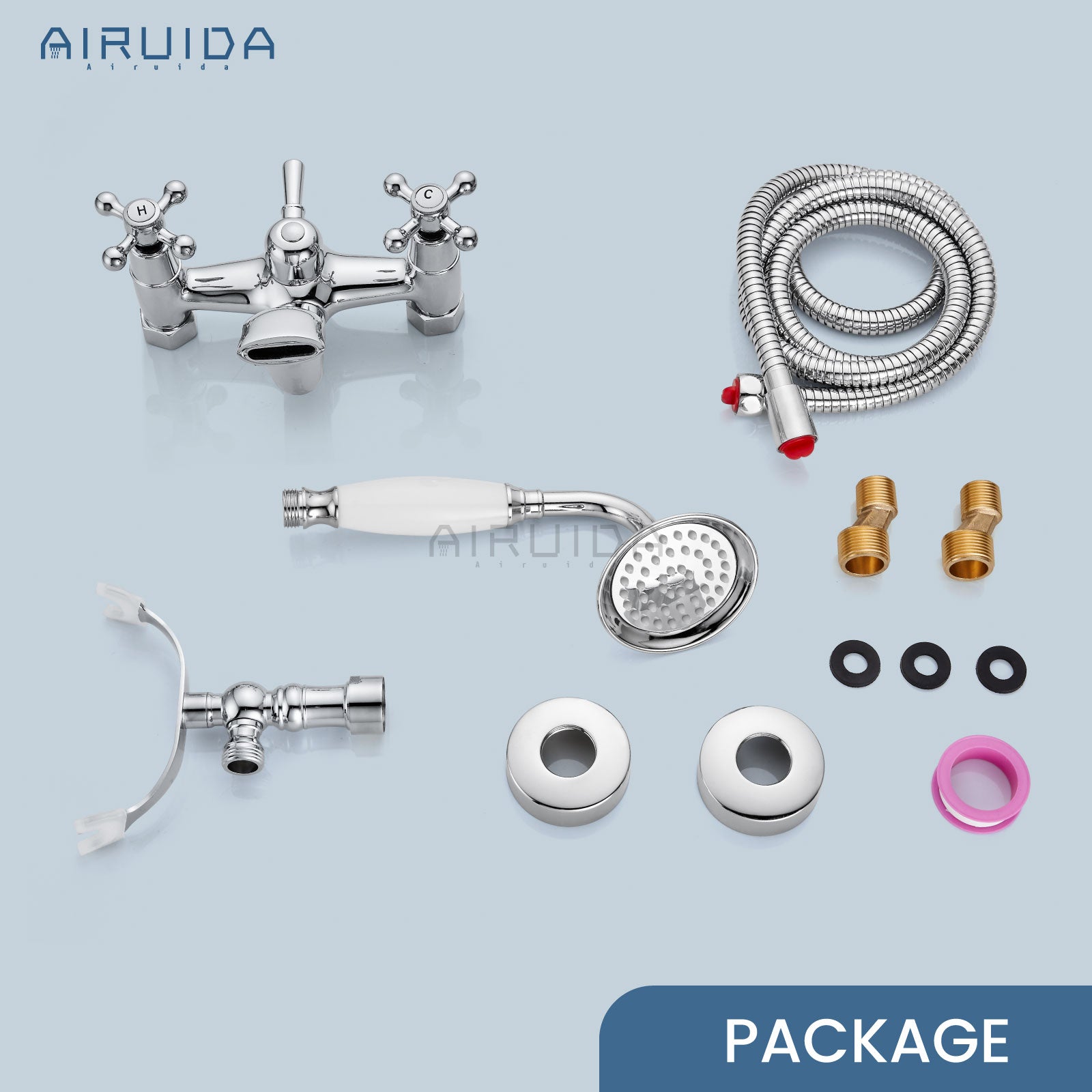Airuida Wall Mount Bathtub Shower Faucet Kit with Telephone Shaped Handheld Sprayer Double Hot and Cold Water Mixer Tap Wall Mounted Tub Filler Set Vintage Style Cross Handles Chrome Polish