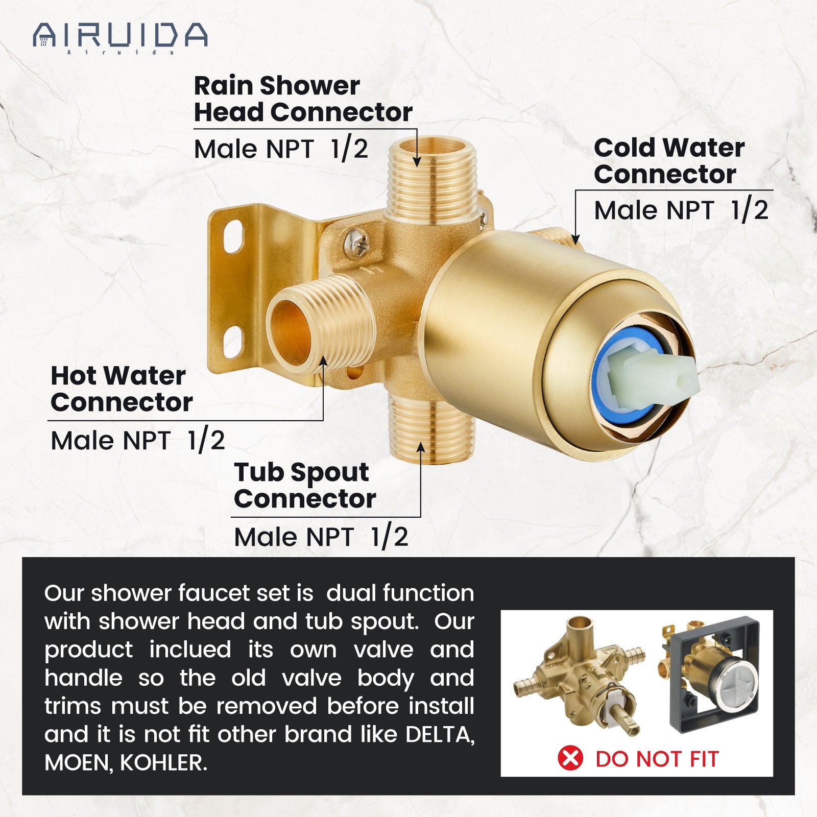 Airuida Shower Faucet Set with Tub Spout Bathtub Faucet Kit Shower Tub Faucet Set Complete Tub Shower Trim Kit with Solid Brass Rough-in Valve Rainfall Round Shower Head