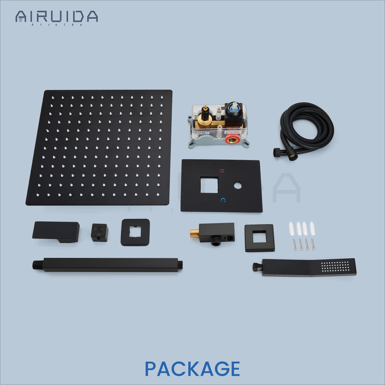 Airuida Matte Black Ceiling Mount Rain Shower System Shower Faucets Sets Complete 10 Inch Square SUS304 Rainfall Shower Head with Brass Handheld Spray, Rough-in Valve Mixer Shower Combo Set
