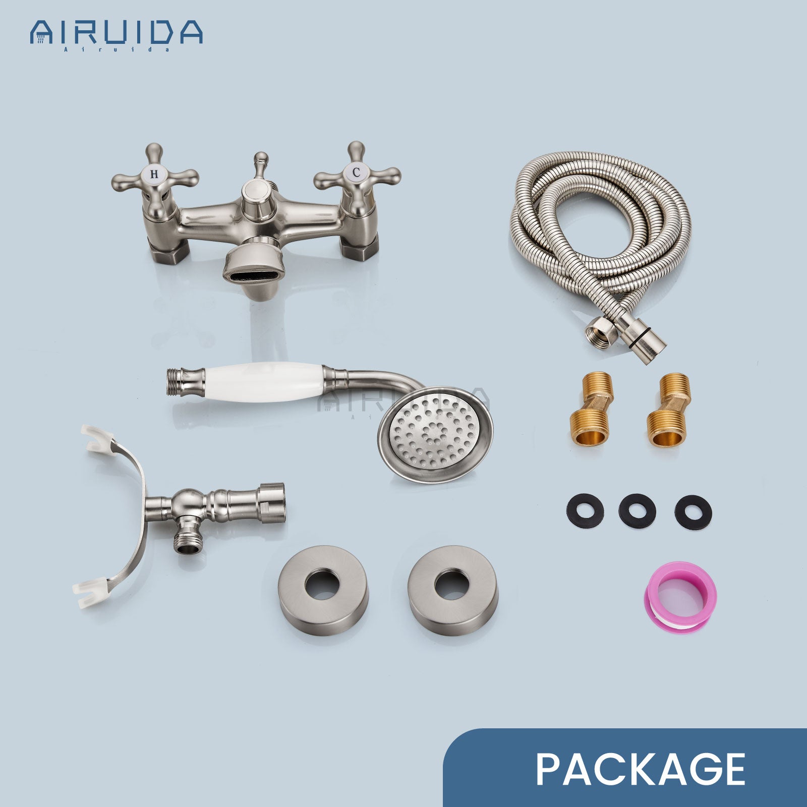 Airuida Wall Mount Bathtub Shower Faucet Kit with Telephone Shaped Handheld Sprayer Double Hot and Cold Water Mixer Tap Wall Mounted Tub Filler Set Vintage Style Lever Handles Brushed Nickel