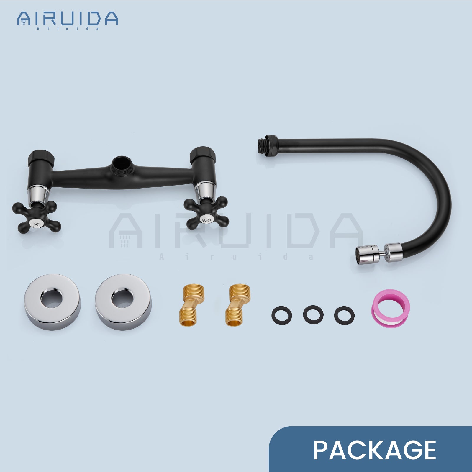 Airuida Matte Black & Polished Chrome Wall Mount Faucet with Sprayer Commercial Kitchen Faucet 8 Inch Center Utility Sink Faucet 360 Degree Swivel Spout Restaurant Sinks Laundry Room Faucet