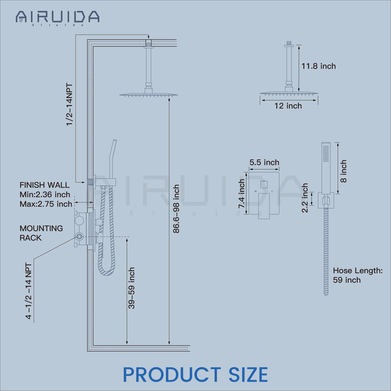 Airuida 12 Inch Ceiling Shower System SUS304 Ultra-thin Ceiling Mount Rain Shower Head with Handheld Rough-in Valve Bathroom Luxury Brass Shower Rain Mixer Shower Faucet Set