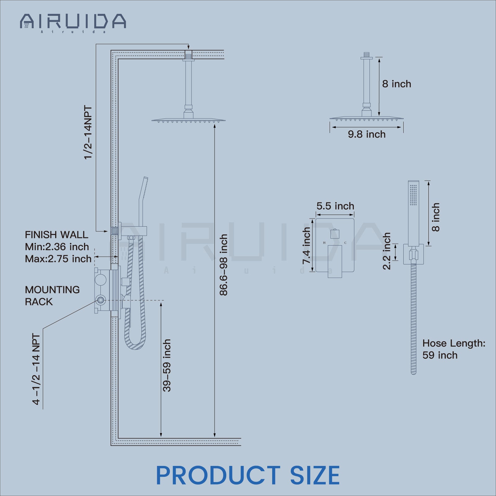 Airuida Matte Black Ceiling Mount Rain Shower System Shower Faucets Sets Complete 10 Inch Square SUS304 Rainfall Shower Head with Brass Handheld Spray, Rough-in Valve Mixer Shower Combo Set