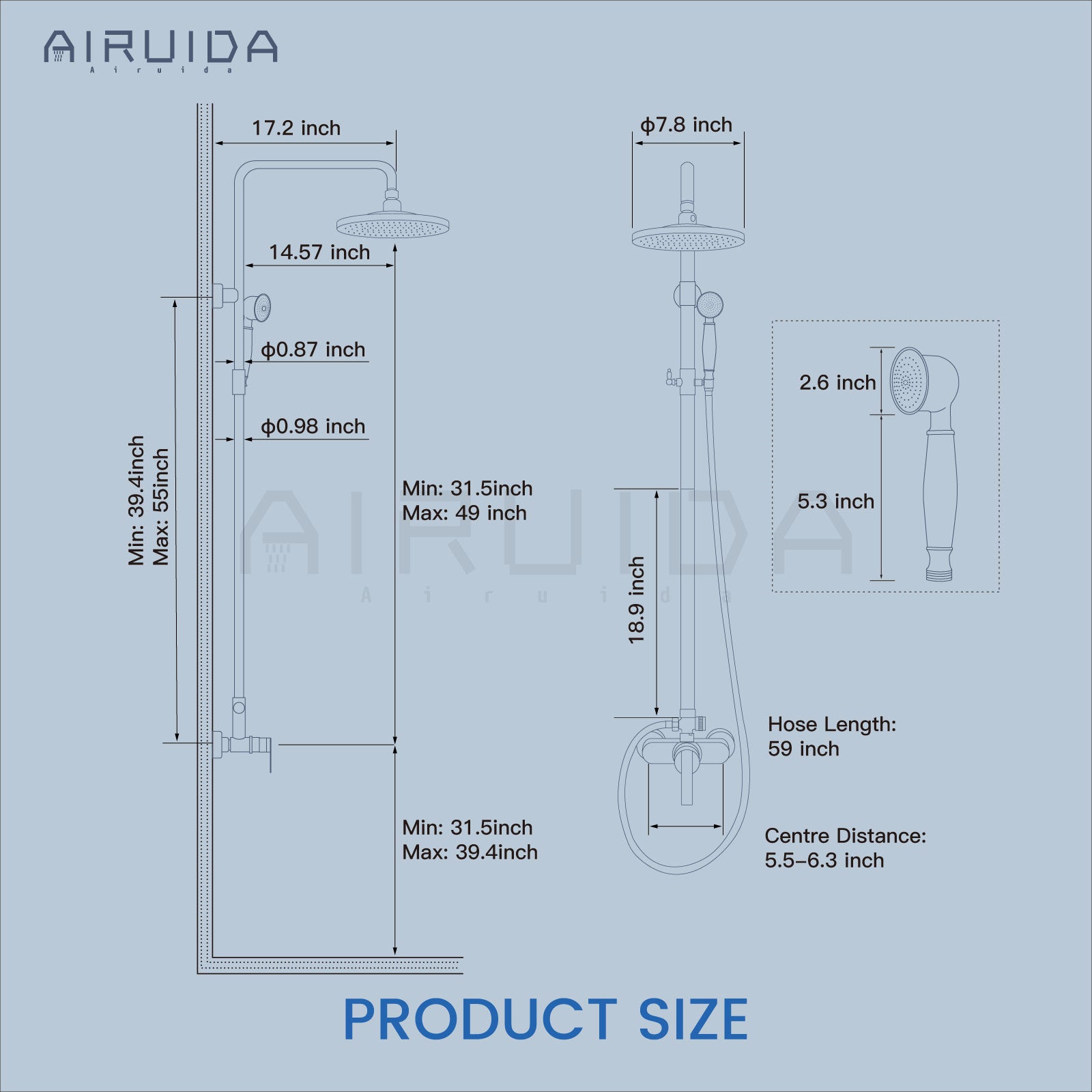 Airuida Shower Fixture 8 Inch Rain Shower Head Exposed Pipe Shower System Single handle Dual Functions Shower Faucet Combo Unit Set Adjustable Shower Head Bar Modern