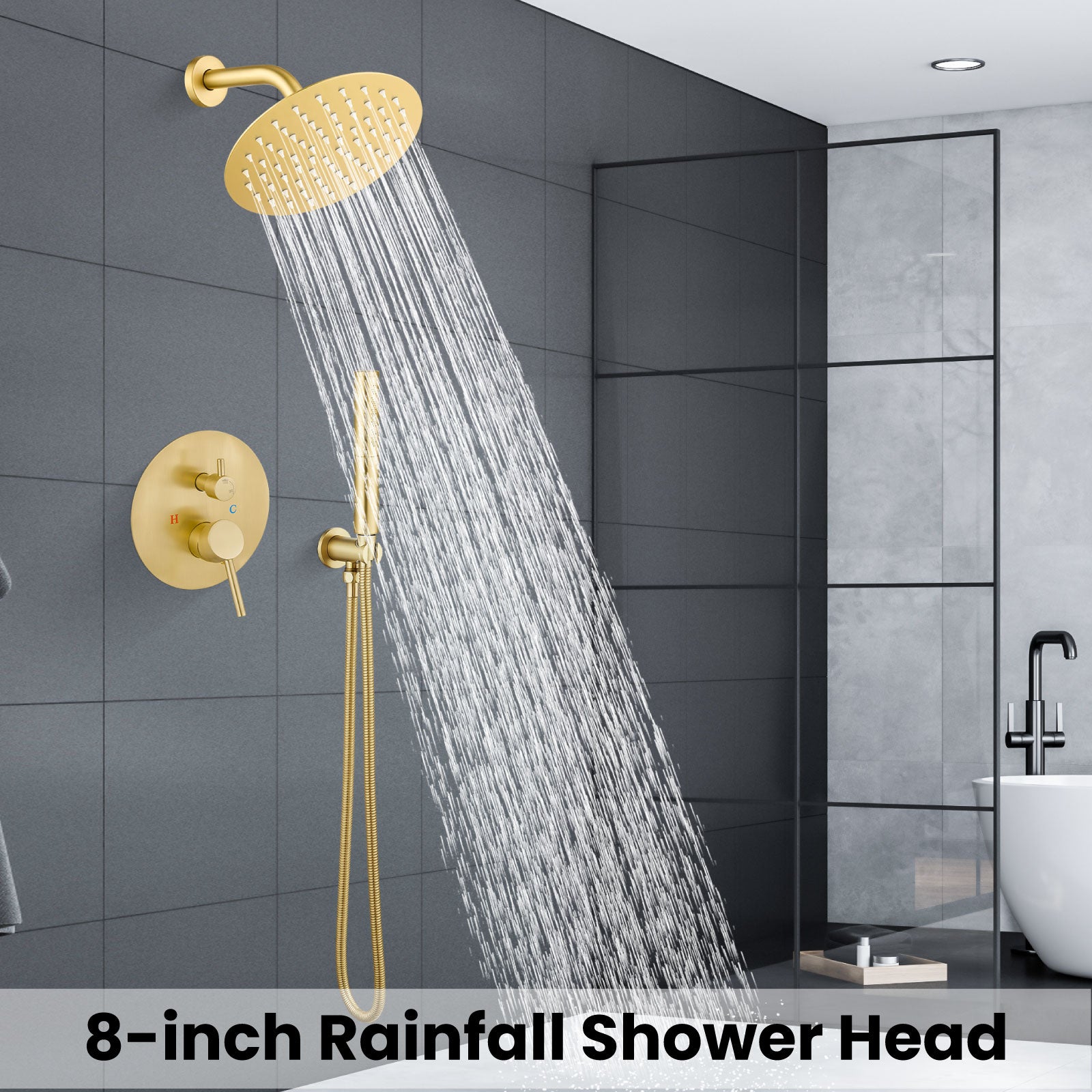 Airuida Shower Fixtures 2 Functions Shower Faucet Set Wall Mounted for Bathroom High Pressure Brass Handheld Shower with Rough-in Valve Round Rainfall 8 Inch Shower Head Brushed Gold