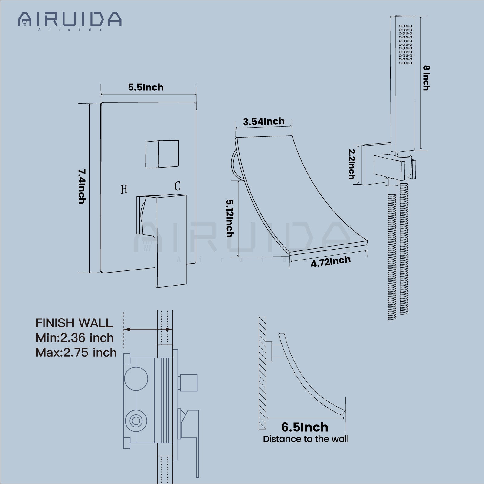 Airuida Wall Mount Tub Faucet with Waterfall Tub Spout Wall Mounted Bathtub Faucet with Handheld Shower Single Handle Tub Filler Shower Faucet Set with Rough-in valve Curved Spout Chrome Polish