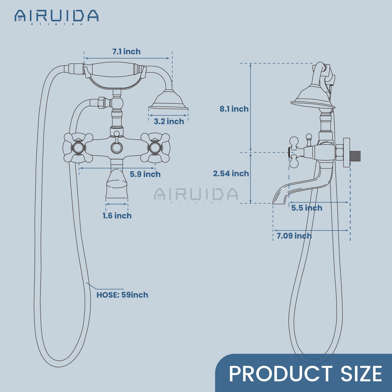 Airuida Wall Mount Bathtub Shower Faucet Kit with Telephone Shaped Handheld Sprayer Double Hot and Cold Water Mixer Tap Wall Mounted Tub Filler Set Vintage Style Cross Handles Chrome Polish
