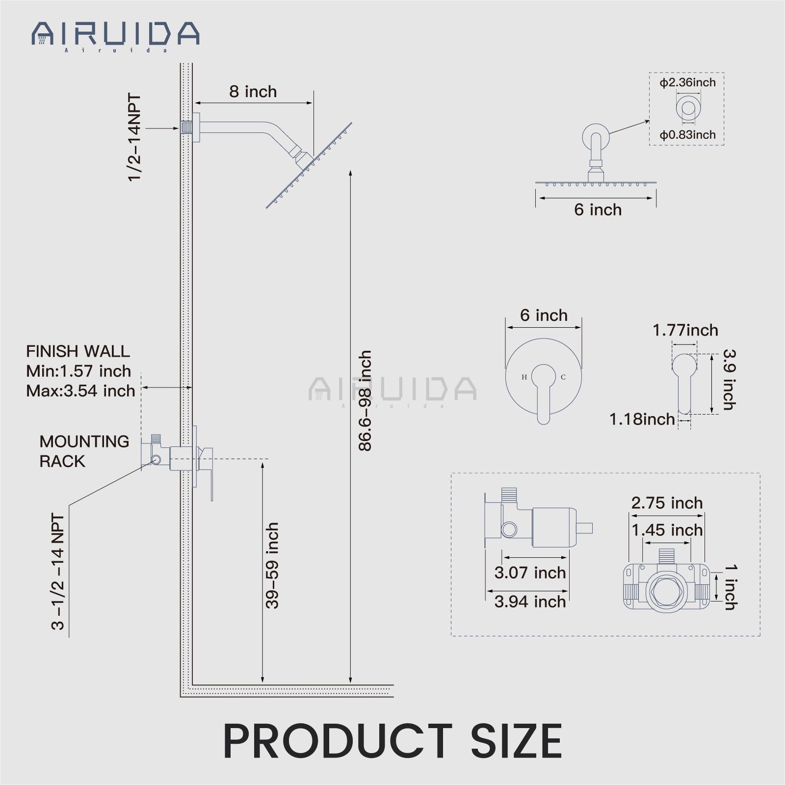 Airuida Shower Faucet Set,Single Function Shower Trim Kit,Wall Mount 6 Inch Round Rainfall Shower Head and Handle Set,Single Handle Shower System Set Male Threads Rough-in Valve Brushed Gold