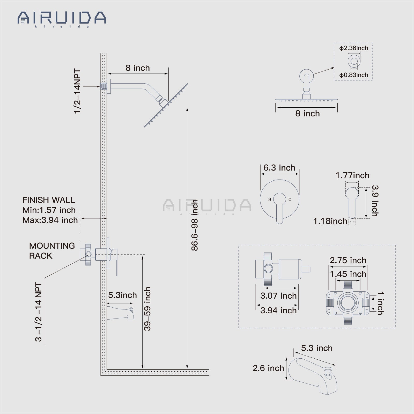 Airuida Shower Faucet Set with Tub Spout Bathtub Faucet Kit Shower Tub Faucet Set Complete Tub Shower Trim Kit with Solid Brass Rough-in Valve Rainfall Round Shower Head