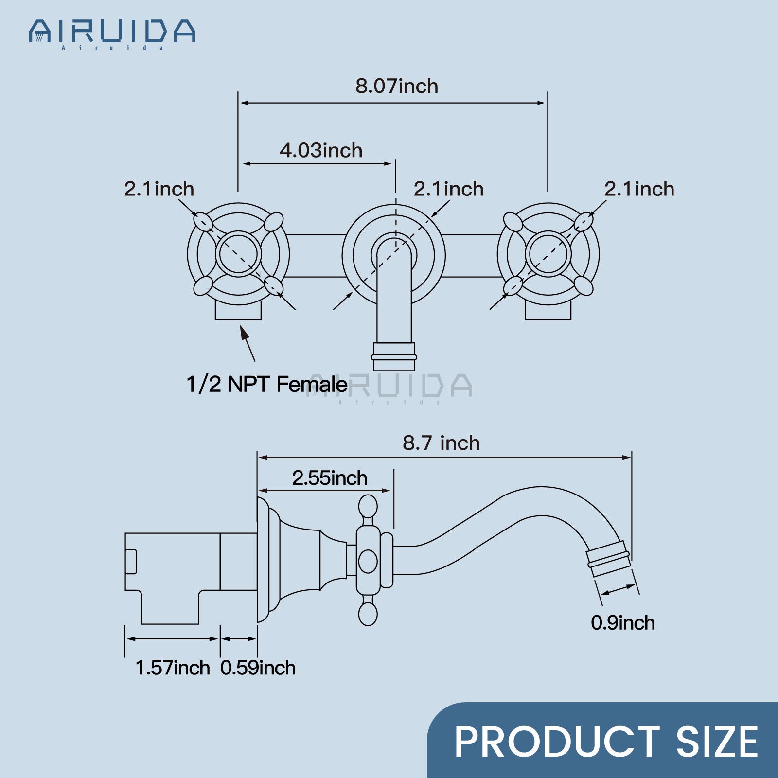 Airuida Wall Mount Bathroom Faucet Widespread Wall Mounted Bathroom Sink Faucet 360 Swivel Spout 2 Cross Knobs 3 Holes Lavatory Basin Sink Mixing Faucet with Brass Rough in Valve Matte Black