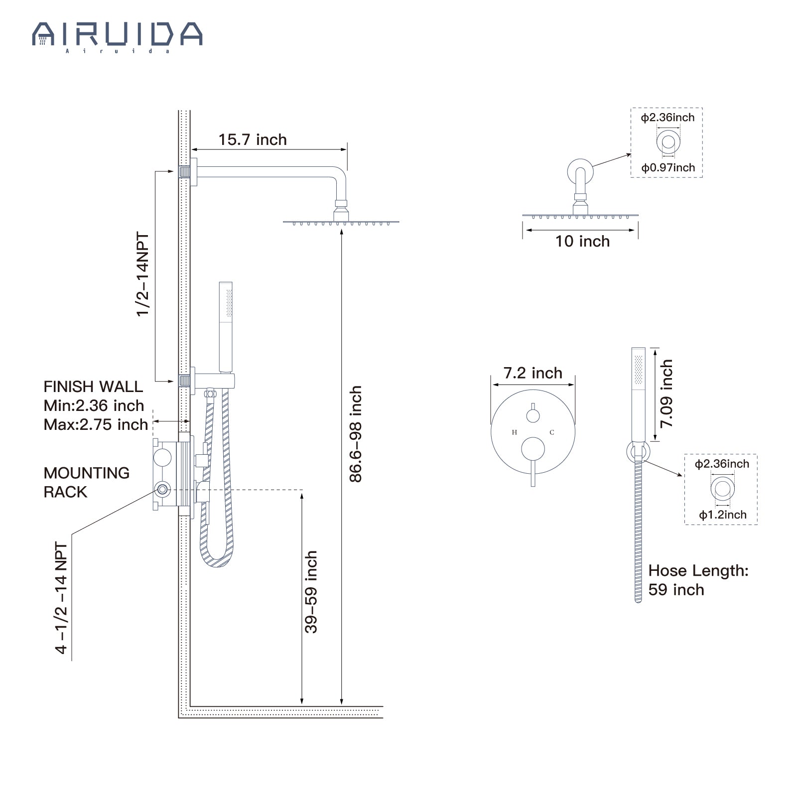 Airuida Shower Fixtures 2 Functions Shower Faucet Set Wall Mounted for Bathroom High Pressure Brass Handheld Shower with Rough-in Valve Round Rainfall 10 Inch Shower Head Brushed Nickel