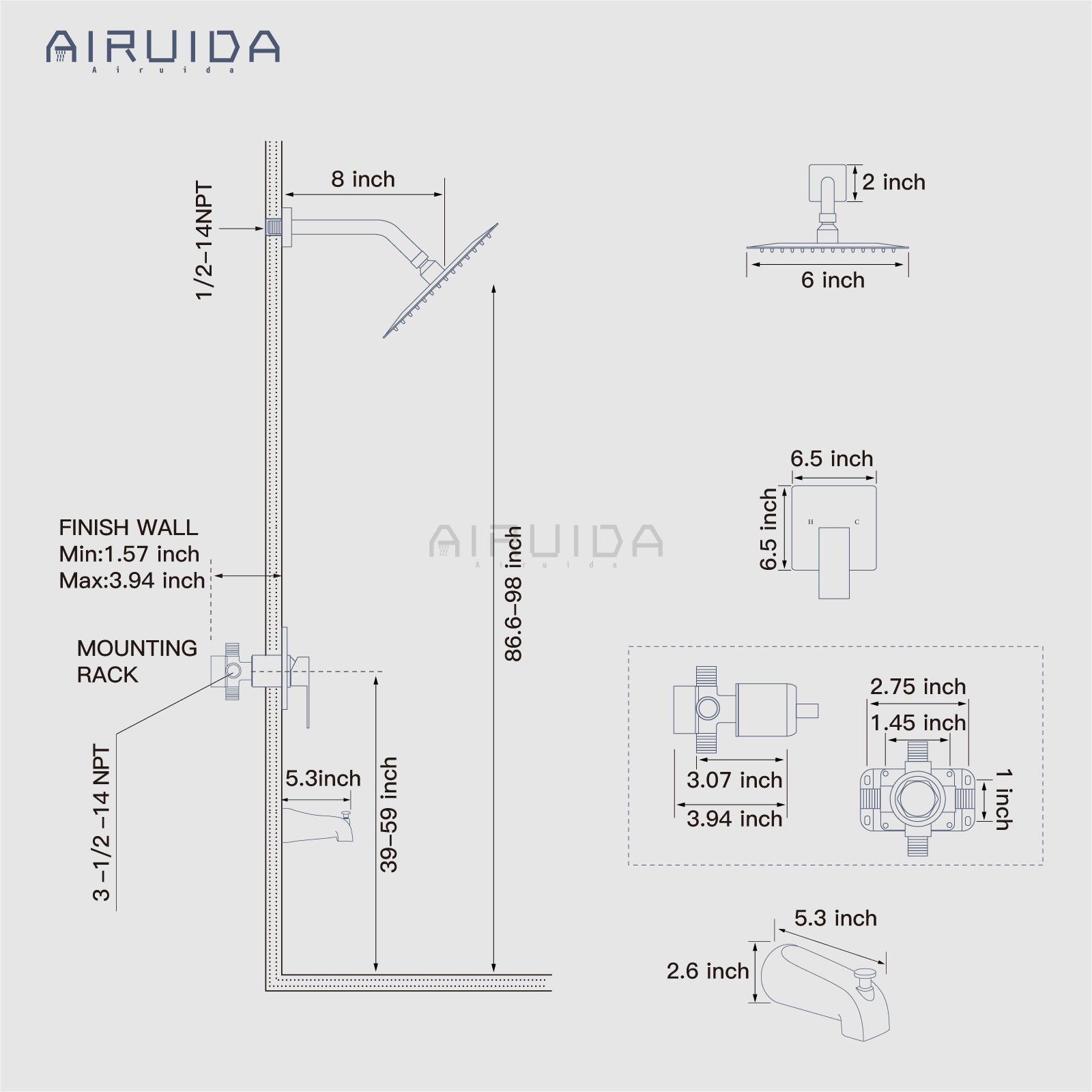 Airuida Shower Faucet Set with Tub Spout Bathtub Faucet Kit Shower Tub Faucet Set Complete Tub Shower Trim Kit with Solid Brass Rough-in Valve and Rainfall Square Showerhead