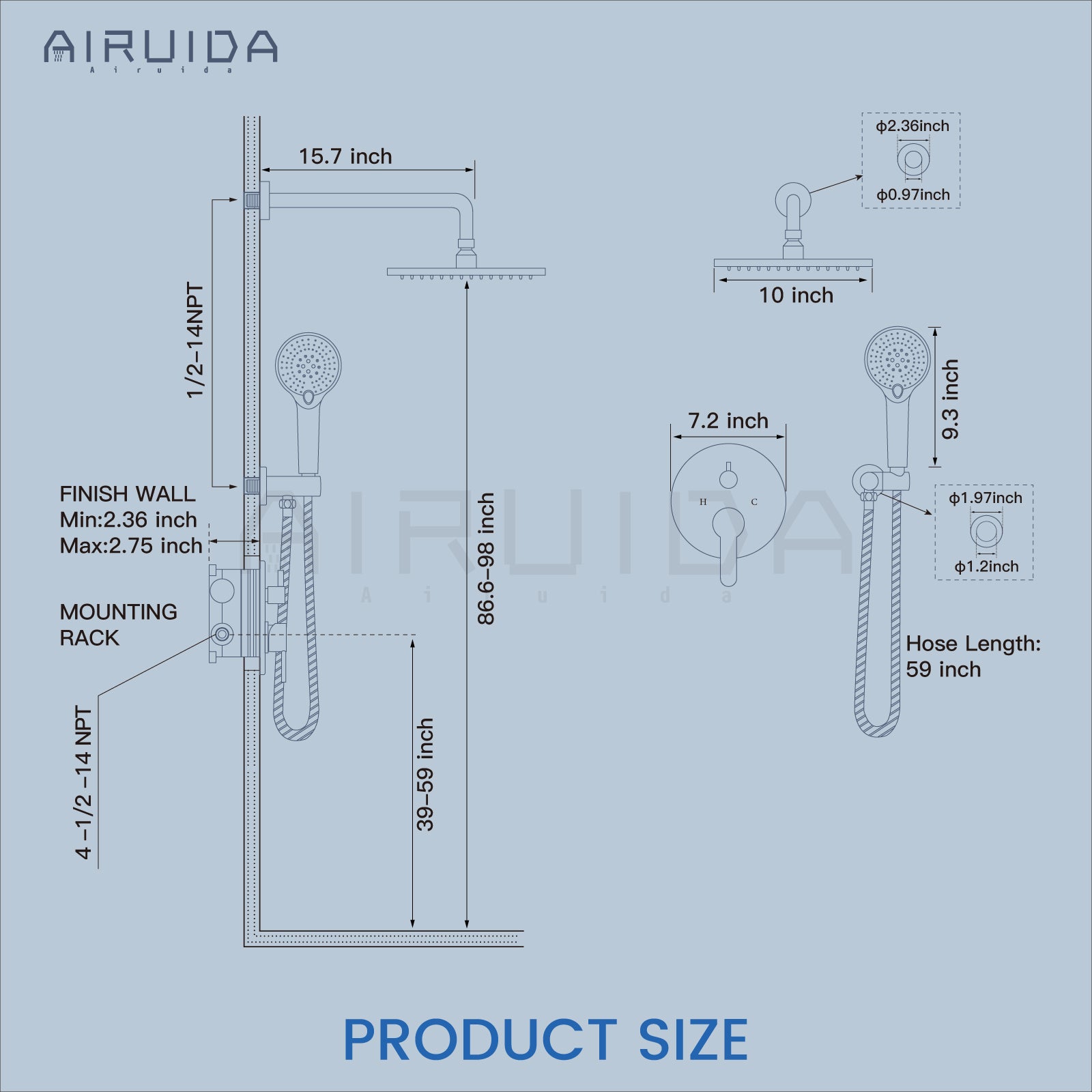 Airuida Chrome Polish Shower Fixtures Wall Mount 2 Functions Rain Shower System 10 Inches Round Rainfall Shower Head Shower Faucet Set with Pressure Balance Valve ABS Shower Handheld Shower