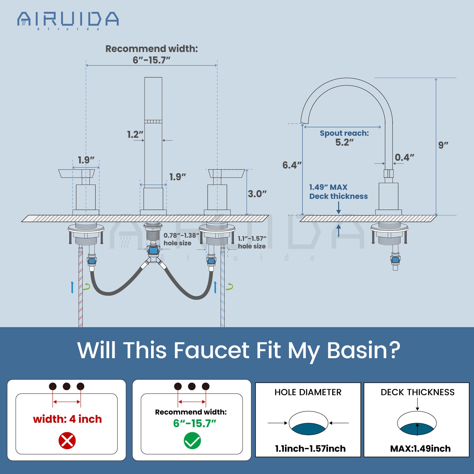 Airuida 3 Hole Bathroom Faucet,8 inch Widespread Tap 2 Handles Stainless Steel Lavatory Vanity Sink Faucets with Pop Up Drain 360 Degree Swivel Waterfall Spout