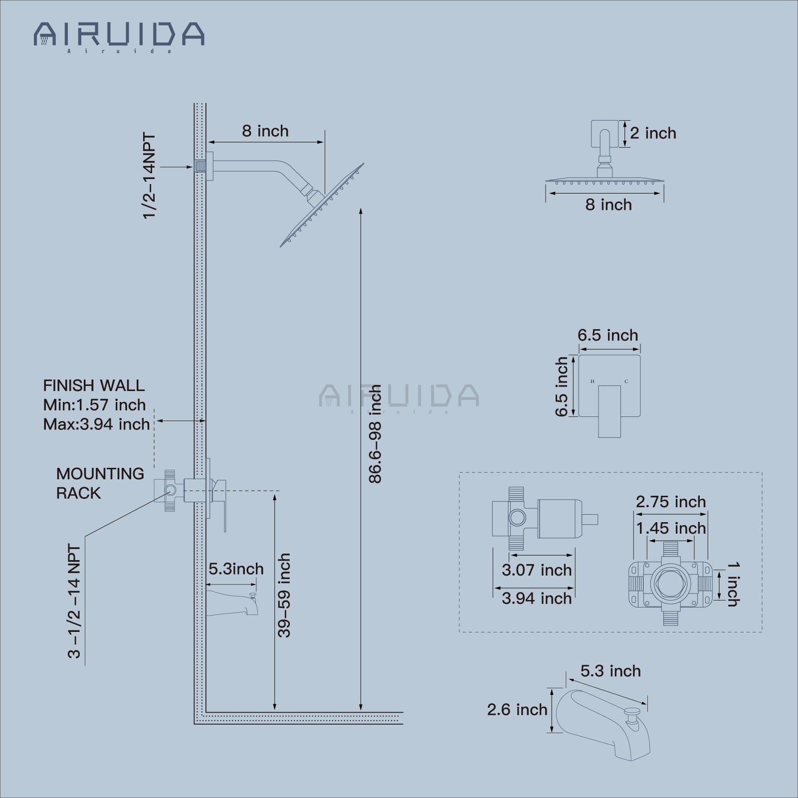 Airuida Shower Faucet Set with Tub Spout Bathtub Faucet Kit Shower Tub Faucet Set Complete Tub Shower Trim Kit with Solid Brass Rough-in Valve and Rainfall Square Showerhead