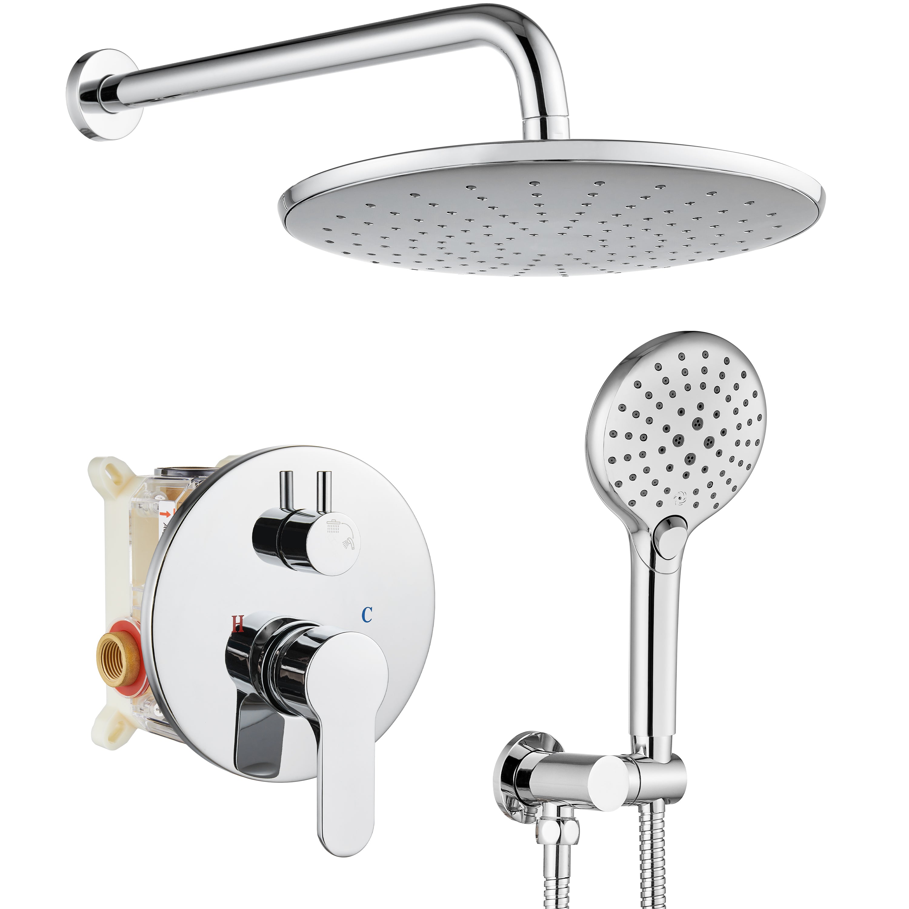 Airuida Chrome Polish Shower Fixtures Wall Mount 2 Functions Rain Shower System 10 Inches Round Rainfall Shower Head Shower Faucet Set with Pressure Balance Valve ABS Shower Handheld Shower