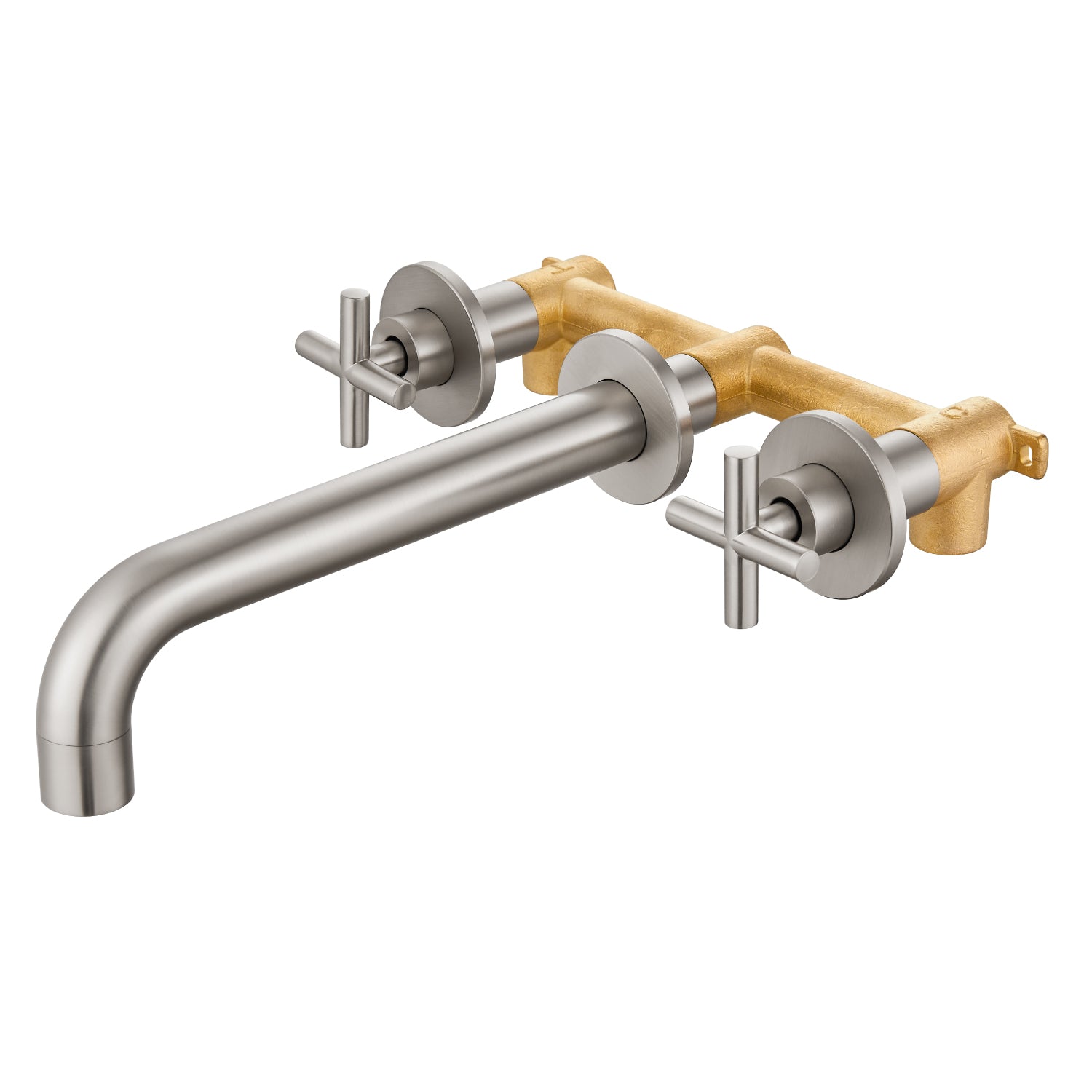 Airuida Wall Mounted Tub Faucet, Wall Mount Tub Filler,Wall Mount Bathtub Faucet with High Flow Two Cross Solid Brass Handles, Long Spout Reach with Rough-in Valve Included