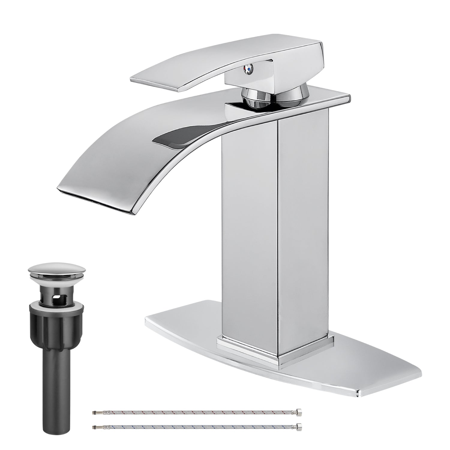 Airuida Waterfall Spout Bathroom Faucet, Rv Lavatory Vessel Faucet, Single Handle One Hole 1 or 3 Hole with Deck Plate, Bathroom Sink Faucet with Pop-up Drain