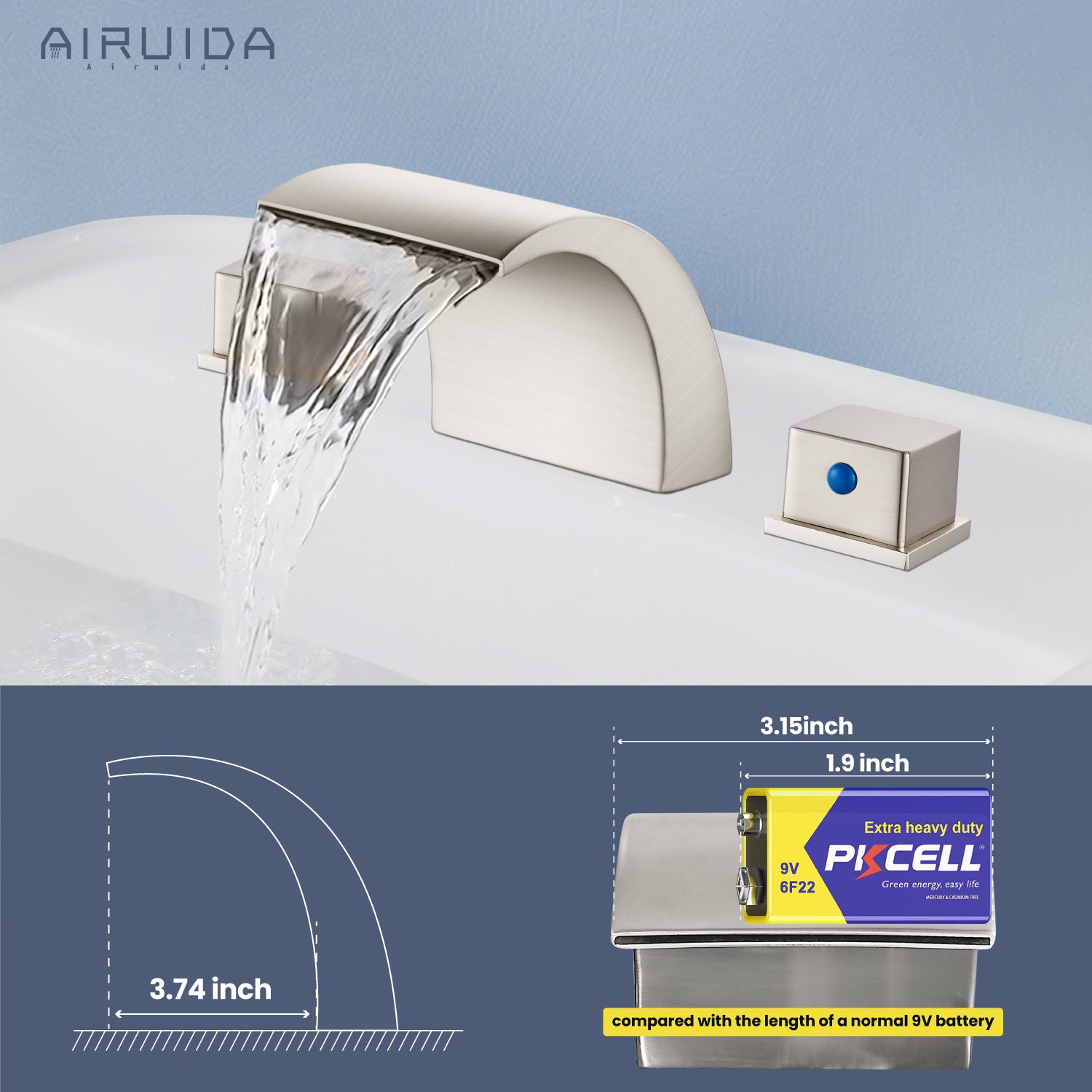 Airuida Widespread Waterfall Bathroom Faucet, Deck Mounted 8 Inch Faucet, Double Handles 3 Holes Waterfall Bathroom Faucet