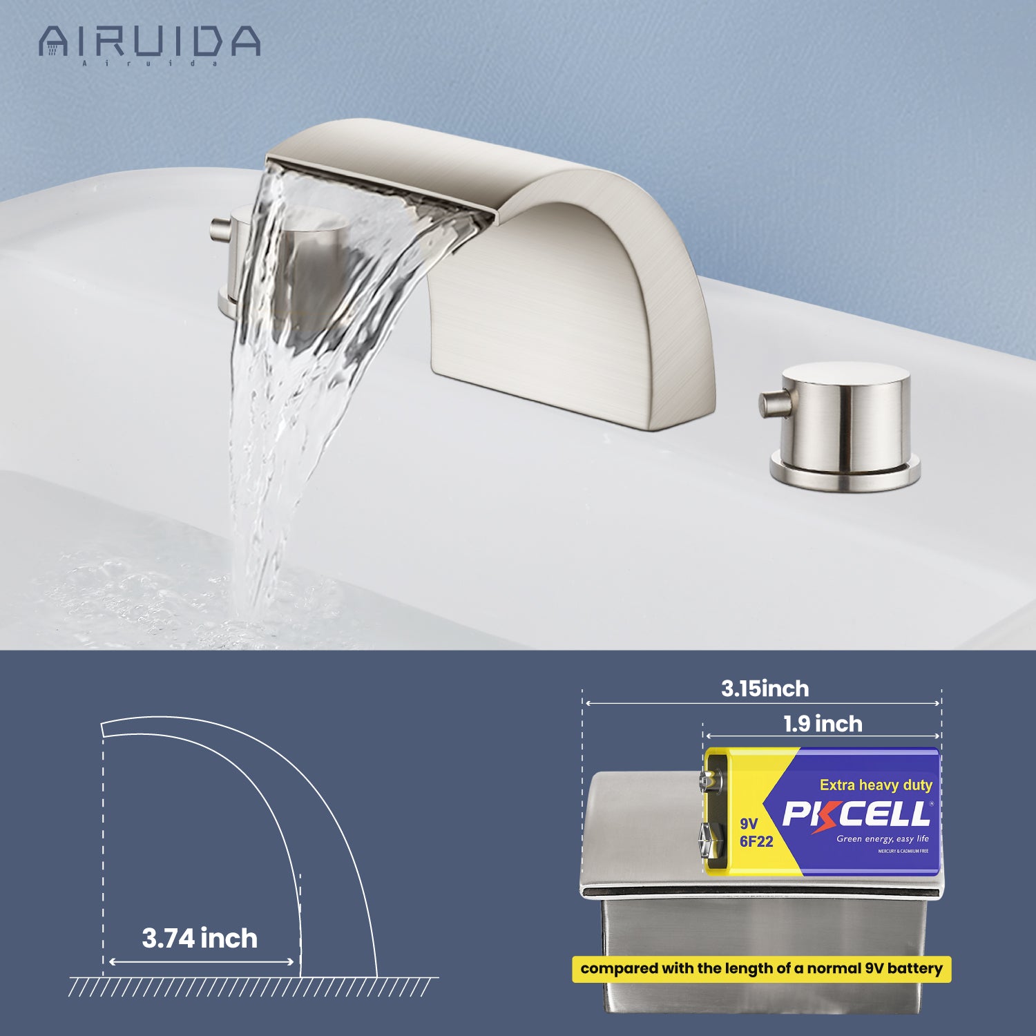 Airuida Widespread Waterfall Bathroom Faucet, Deck Mounted 8 Inch Faucet, Double Handles 3 Holes Waterfall Bathroom Faucet
