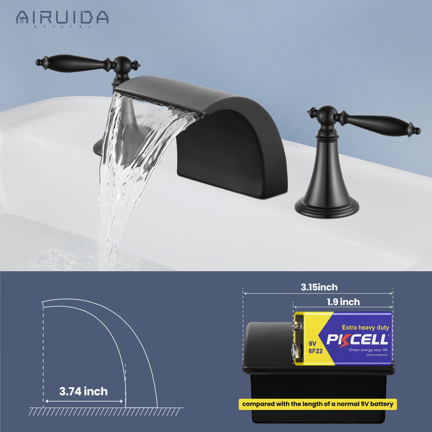 Airuida Widespread Waterfall Bathroom Faucet, Deck Mounted 8 Inch Faucet, Double Handles 3 Holes Waterfall Bathroom Faucet