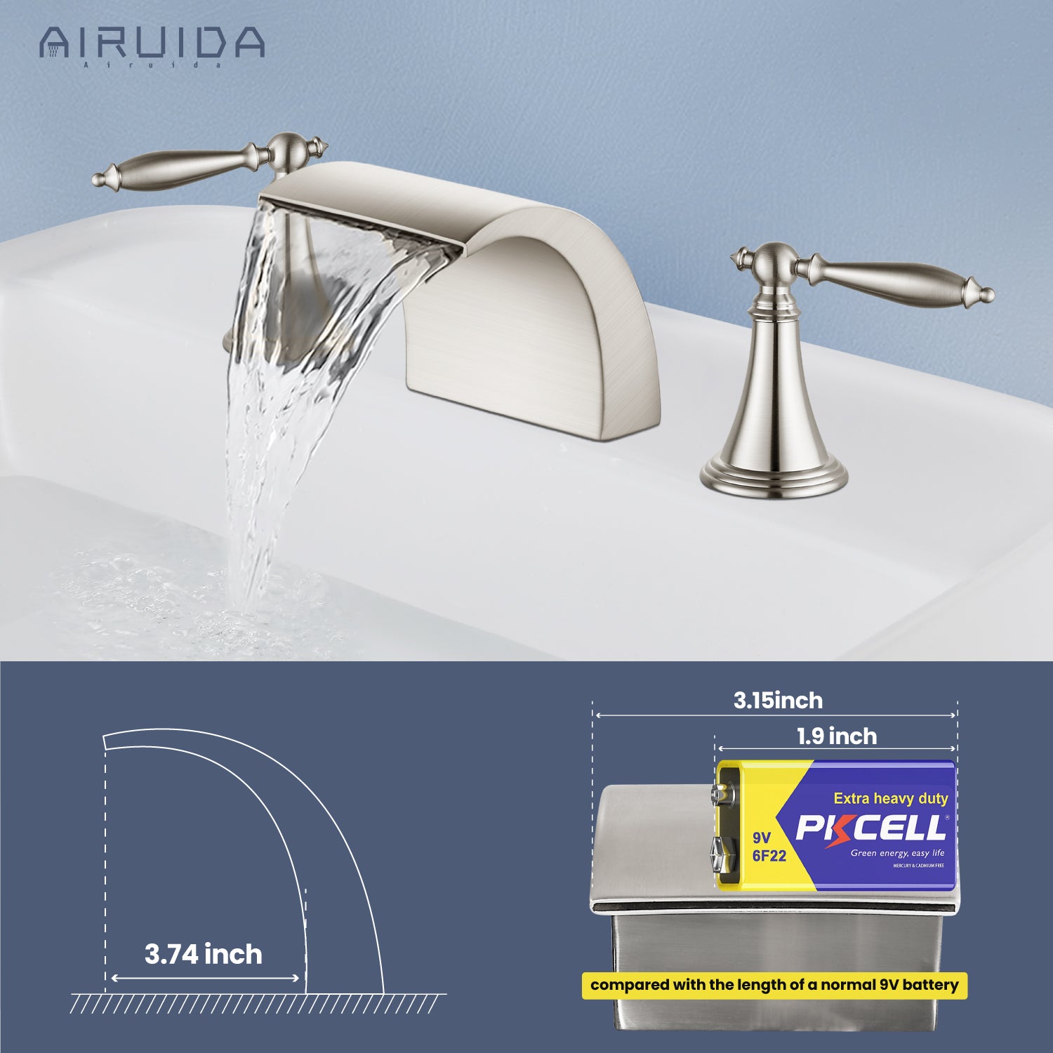 Airuida Widespread Waterfall Bathroom Faucet, Deck Mounted 8 Inch Faucet, Double Handles 3 Holes Waterfall Bathroom Faucet
