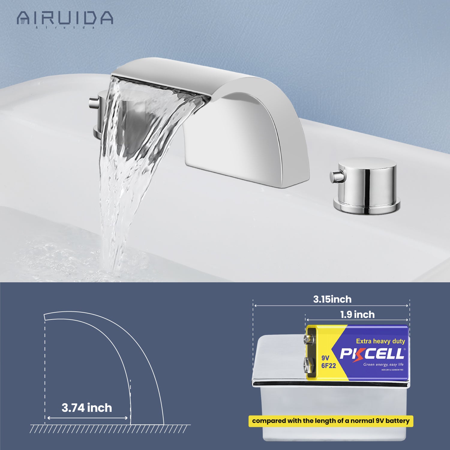 Airuida Widespread Waterfall Bathroom Faucet, Deck Mounted 8 Inch Faucet, Double Handles 3 Holes Waterfall Bathroom Faucet
