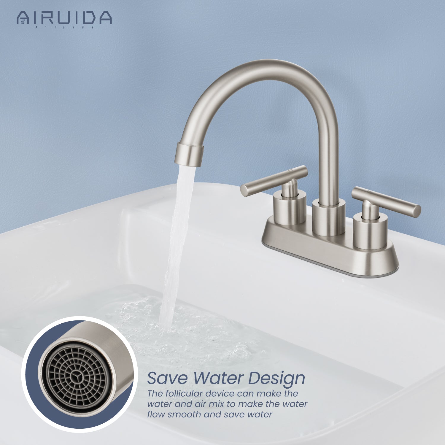 Airuida Bathroom Faucet 4 inch Centerset Two Handle Bathroom Sink Faucet 360°Swivel Spout Bathroom Faucet with Supply Hoses and Pop Up Drain Deck Mount