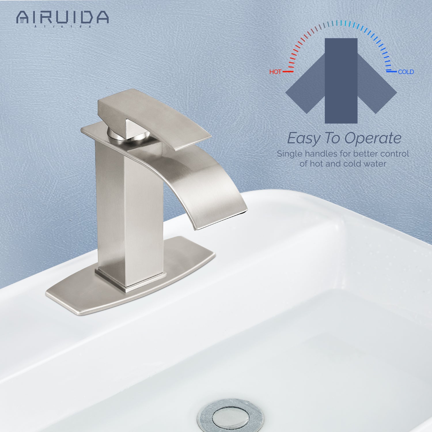 Airuida Waterfall Spout Bathroom Faucet, Rv Lavatory Vessel Faucet, Single Handle One Hole 1 or 3 Hole with Deck Plate, Bathroom Sink Faucet with Pop-up Drain