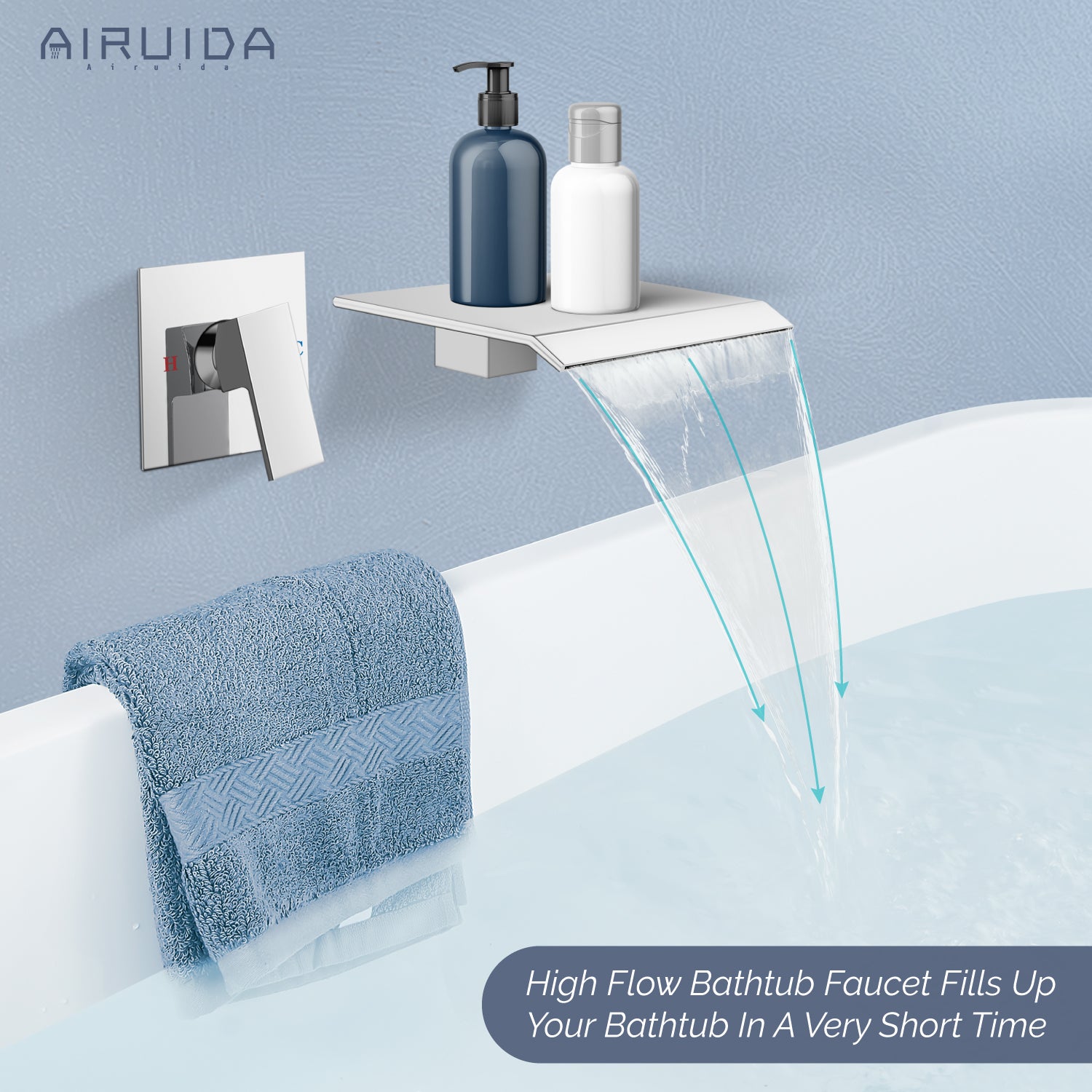 Airuida Waterfall Bathtub Faucet Set Wall Mount Tub Filler Tub Spout Shower Faucet Set with Solid Brass Rough-in Valve Trim Kit