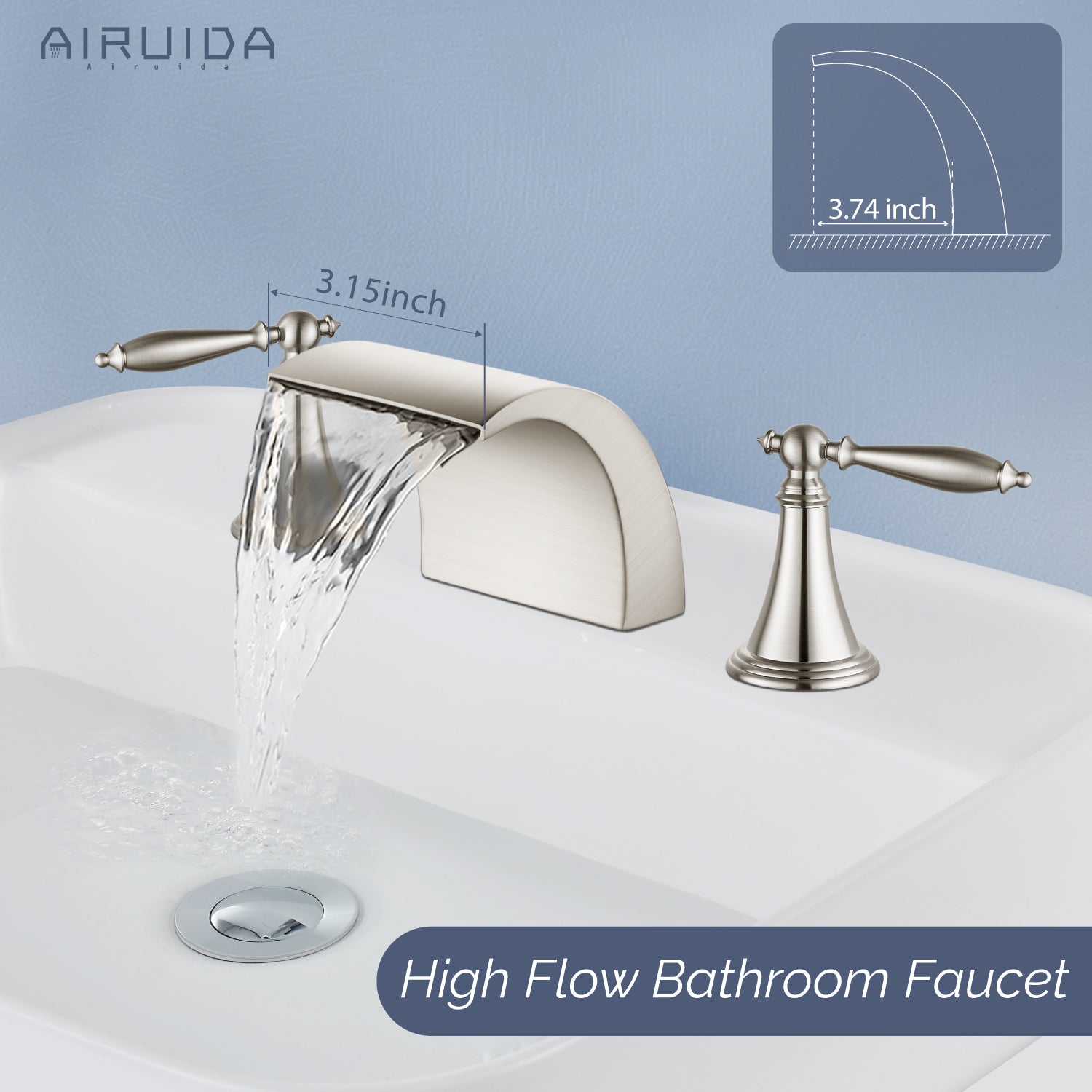Airuida Widespread Waterfall Bathroom Faucet, Deck Mounted 8 Inch Faucet, Double Handles 3 Holes Waterfall Bathroom Faucet