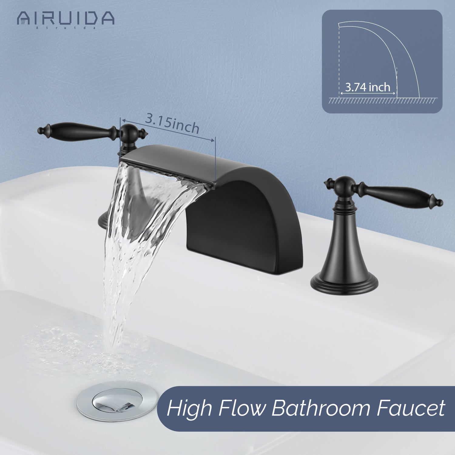 Airuida Widespread Waterfall Bathroom Faucet, Deck Mounted 8 Inch Faucet, Double Handles 3 Holes Waterfall Bathroom Faucet
