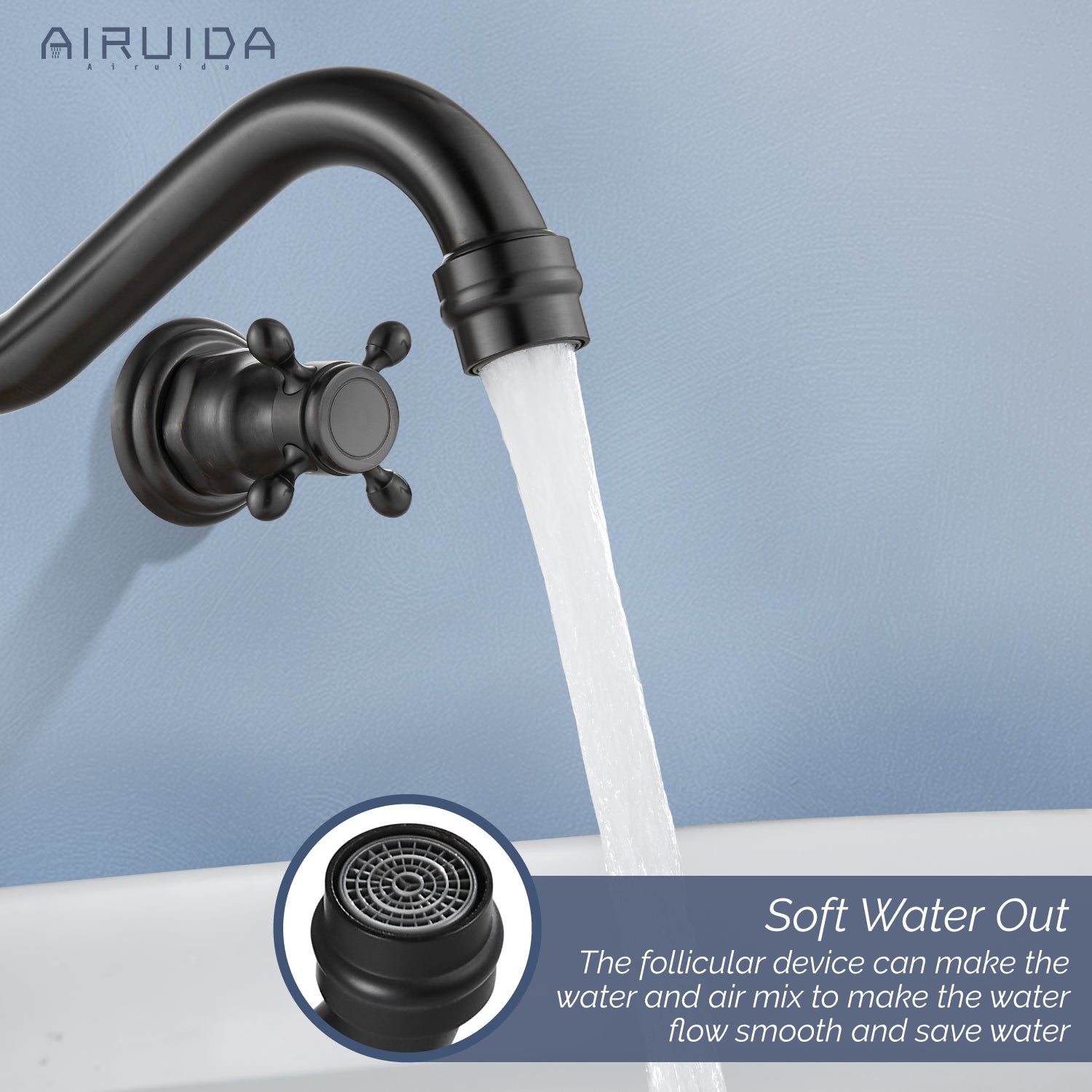 Airuida Wall Mount Faucet, Widespread Wall Mount Bathroom Sink Faucet, 360 Swivel Spout 2 Cross Knobs Handles 3 Holes Lavatory Basin Sink Mixing Faucet with Rough in Valve
