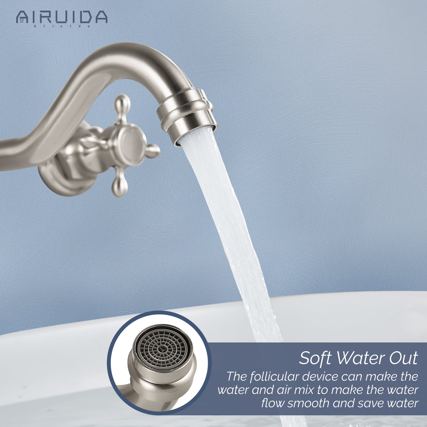 Airuida Wall Mount Faucet, Widespread Wall Mount Bathroom Sink Faucet, 360 Swivel Spout 2 Cross Knobs Handles 3 Holes Lavatory Basin Sink Mixing Faucet with Rough in Valve