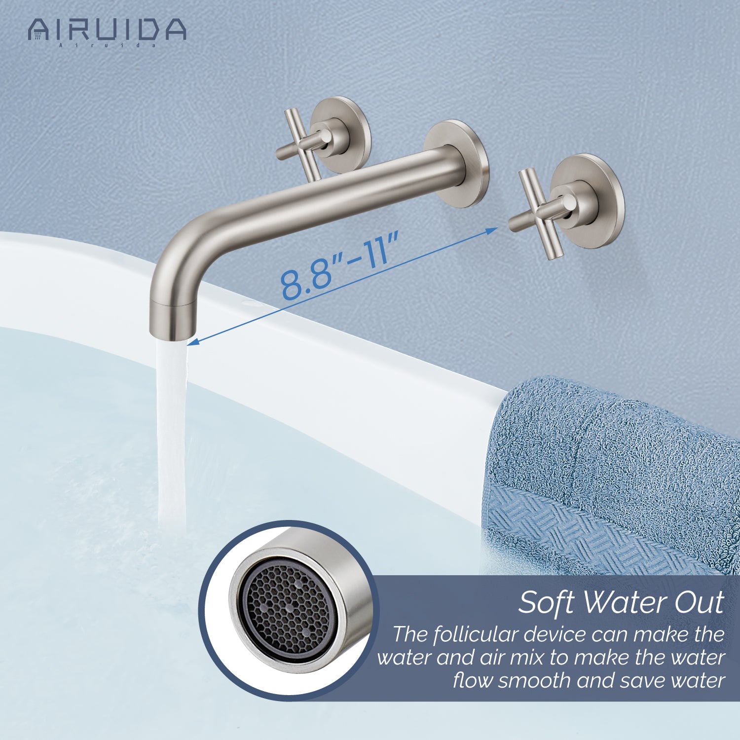Airuida Wall Mounted Tub Faucet, Wall Mount Tub Filler,Wall Mount Bathtub Faucet with High Flow Two Cross Solid Brass Handles, Long Spout Reach with Rough-in Valve Included