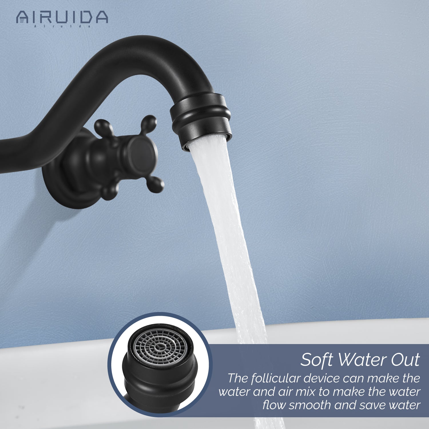 Airuida Wall Mount Faucet, Widespread Wall Mount Bathroom Sink Faucet, 360 Swivel Spout 2 Cross Knobs Handles 3 Holes Lavatory Basin Sink Mixing Faucet with Rough in Valve