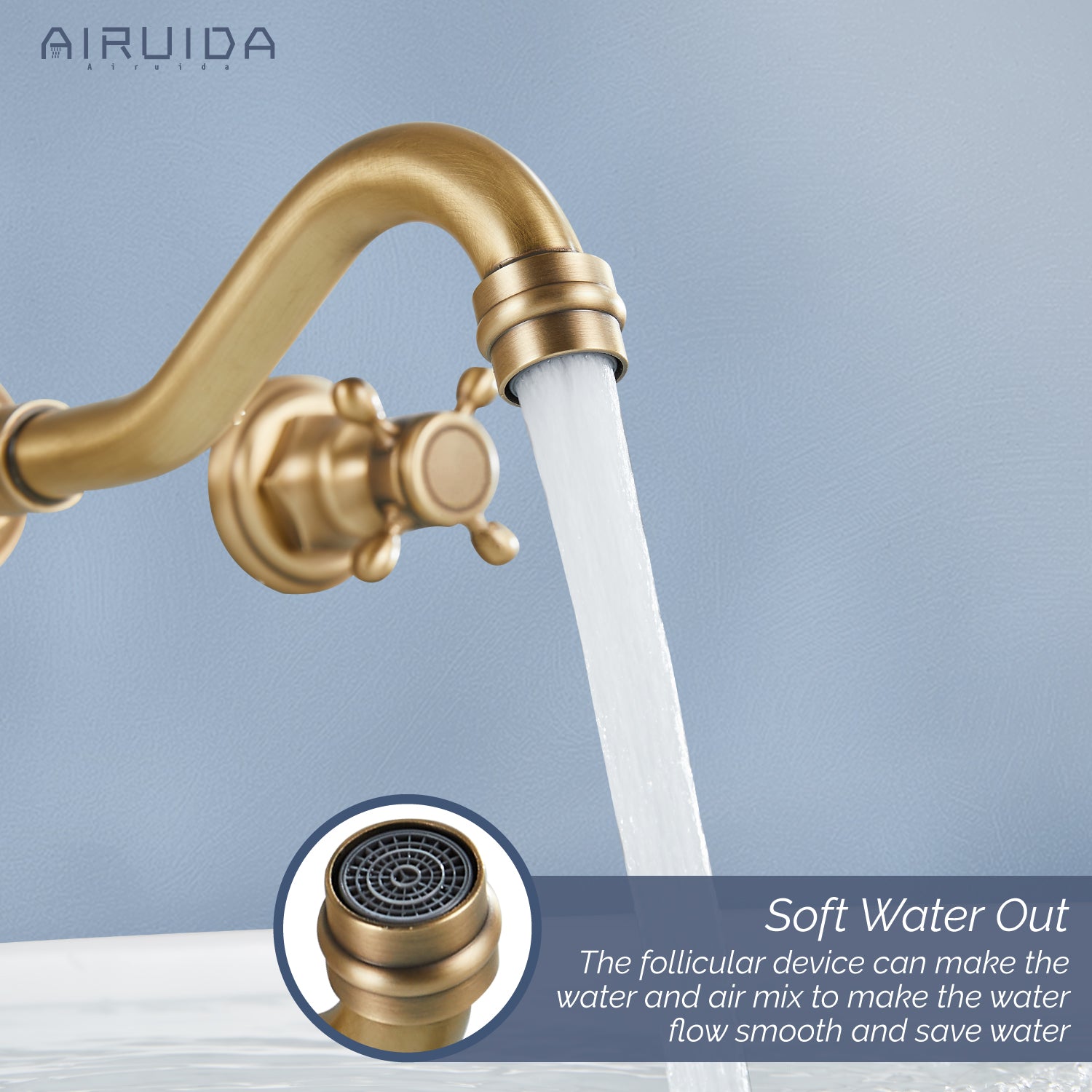 Airuida Wall Mount Faucet, Widespread Wall Mount Bathroom Sink Faucet, 360 Swivel Spout 2 Cross Knobs Handles 3 Holes Lavatory Basin Sink Mixing Faucet with Rough in Valve