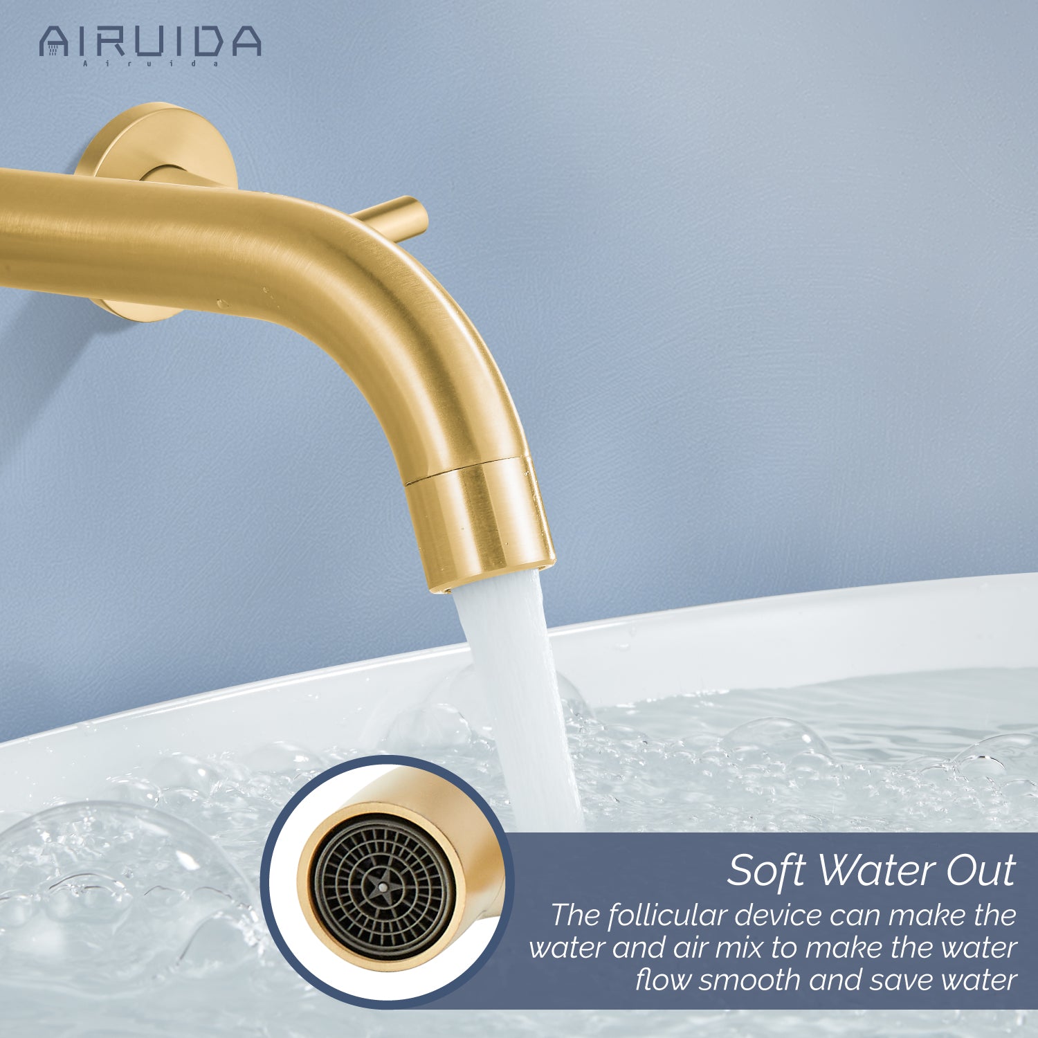 Airuida Wall Mount Bathroom Faucet Solid Brass Widespread Bathroom 360 Swivel Spout Sink Faucet Double Handles Lavatory Basin Sink Mixing Faucet with Rough in Valve