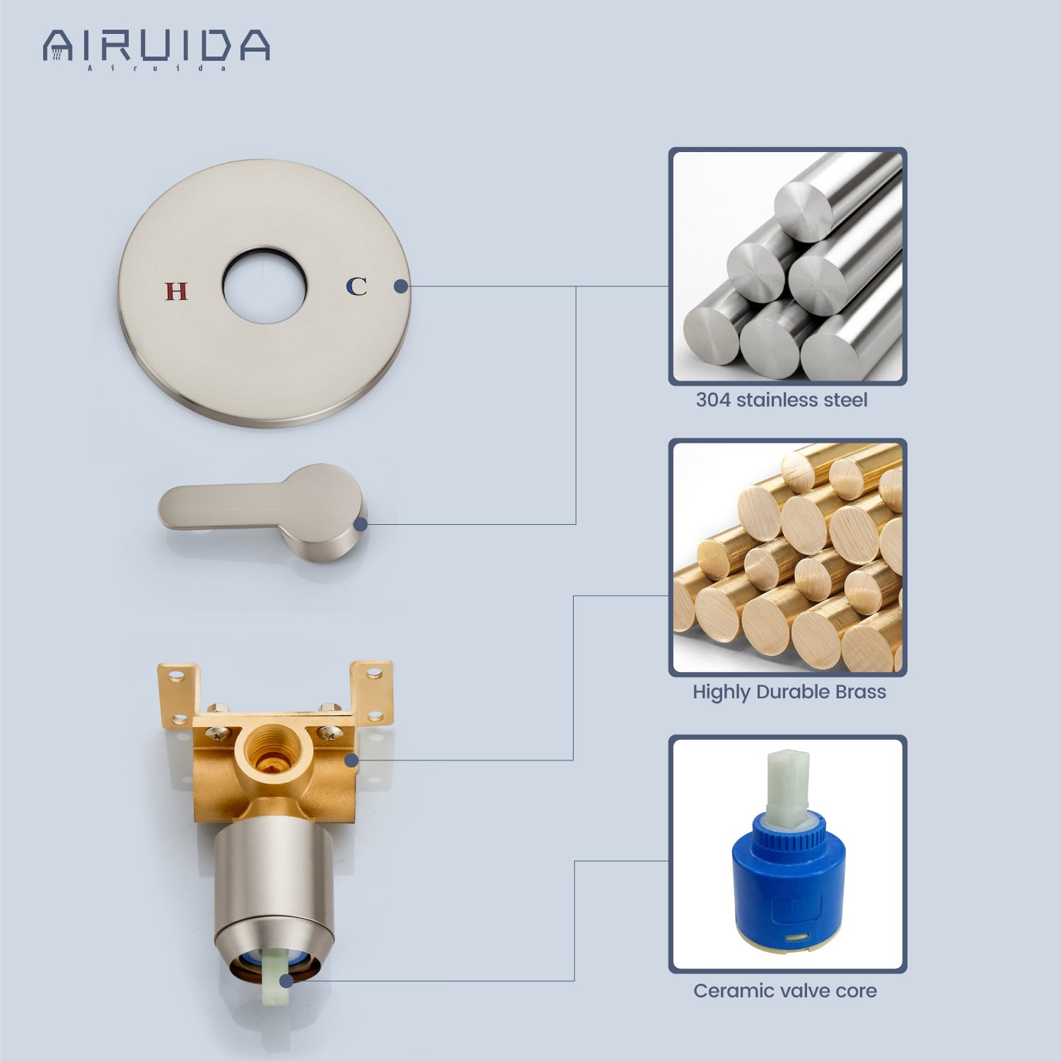 Airuida Single-Function Shower Handle Valve Trim Kit Shower Valves Wall Mount Brass Faucet Shower Rough-In Valve Bathroom Trim Kit Single Handle Tub Shower Valve Mixer
