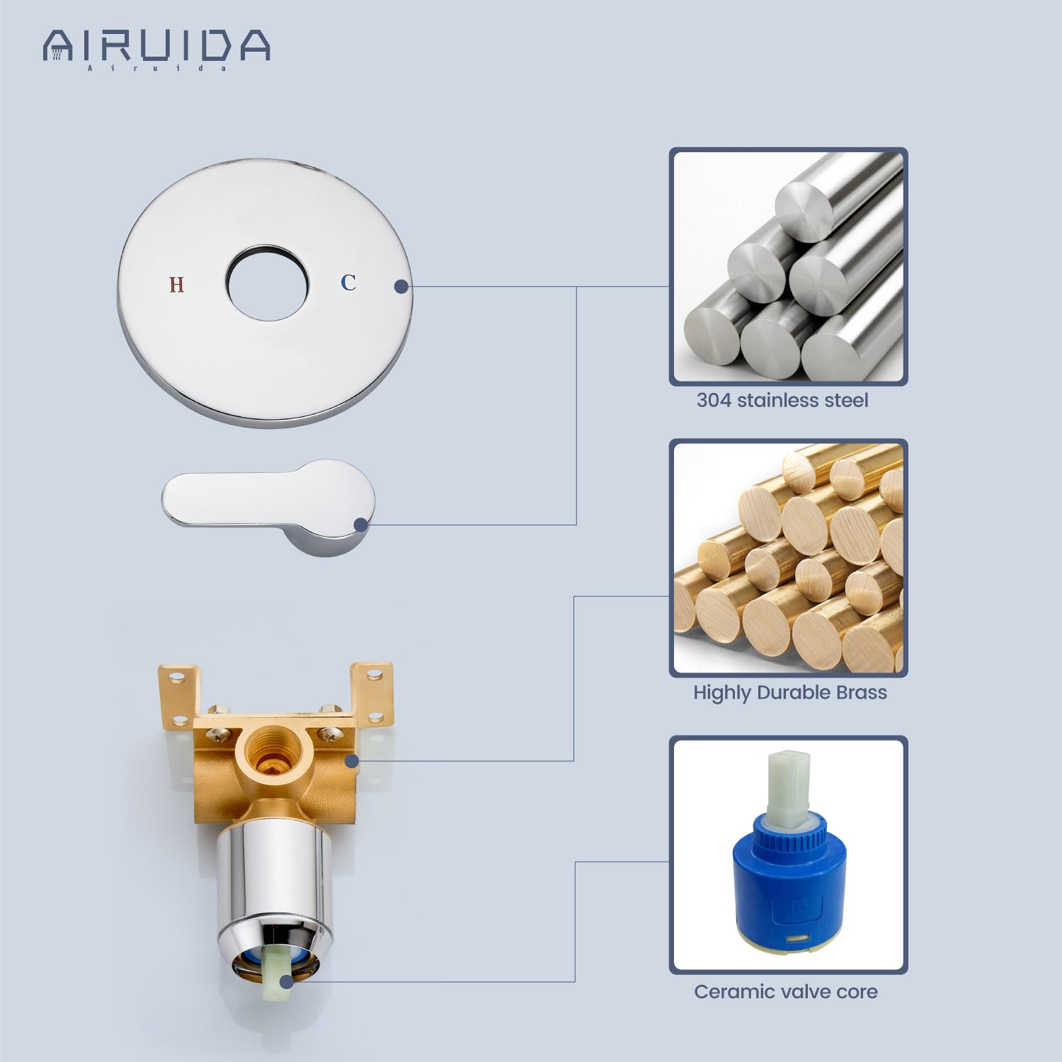 Airuida Single-Function Shower Handle Valve Trim Kit Shower Valves Wall Mount Brass Faucet Shower Rough-In Valve Bathroom Trim Kit Single Handle Tub Shower Valve Mixer