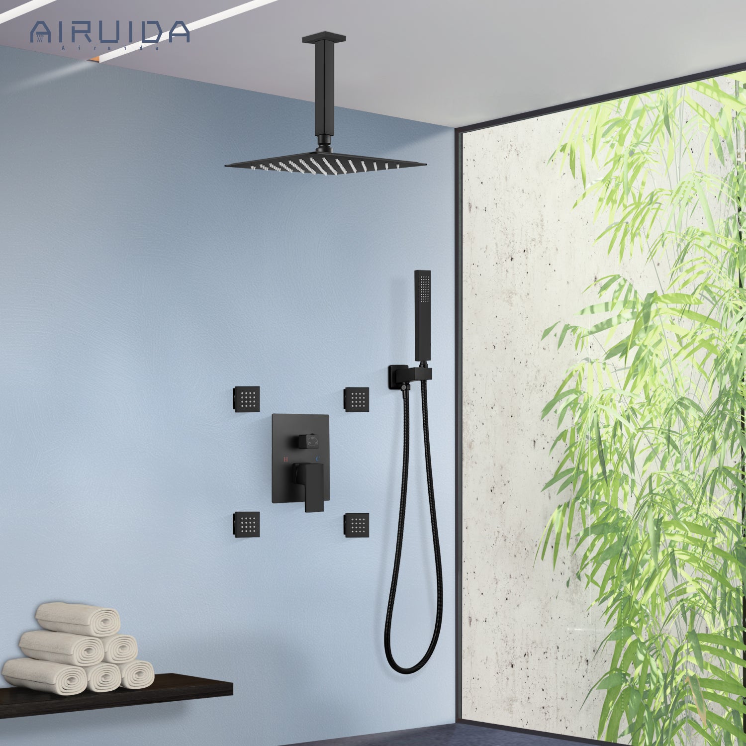 Airuida Matte Black 12 Inch Ceiling Mount Rain Shower Head with Handheld Shower Faucet Rough-in Valve SUS304 Shower Head Body Spray Jets Brass Shower Handheld Rain Mixer Shower System Set