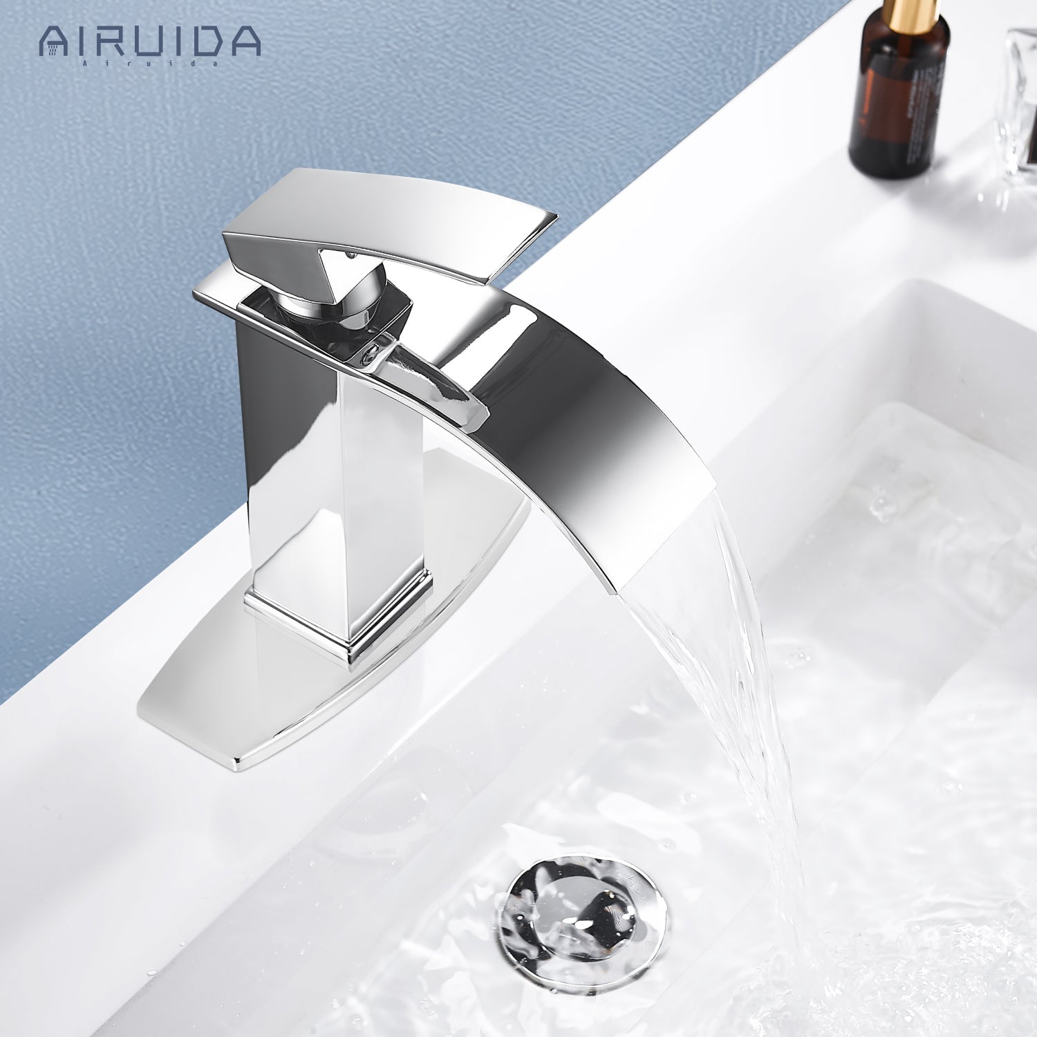 Airuida Waterfall Spout Bathroom Faucet, Rv Lavatory Vessel Faucet, Single Handle One Hole 1 or 3 Hole with Deck Plate, Bathroom Sink Faucet with Pop-up Drain