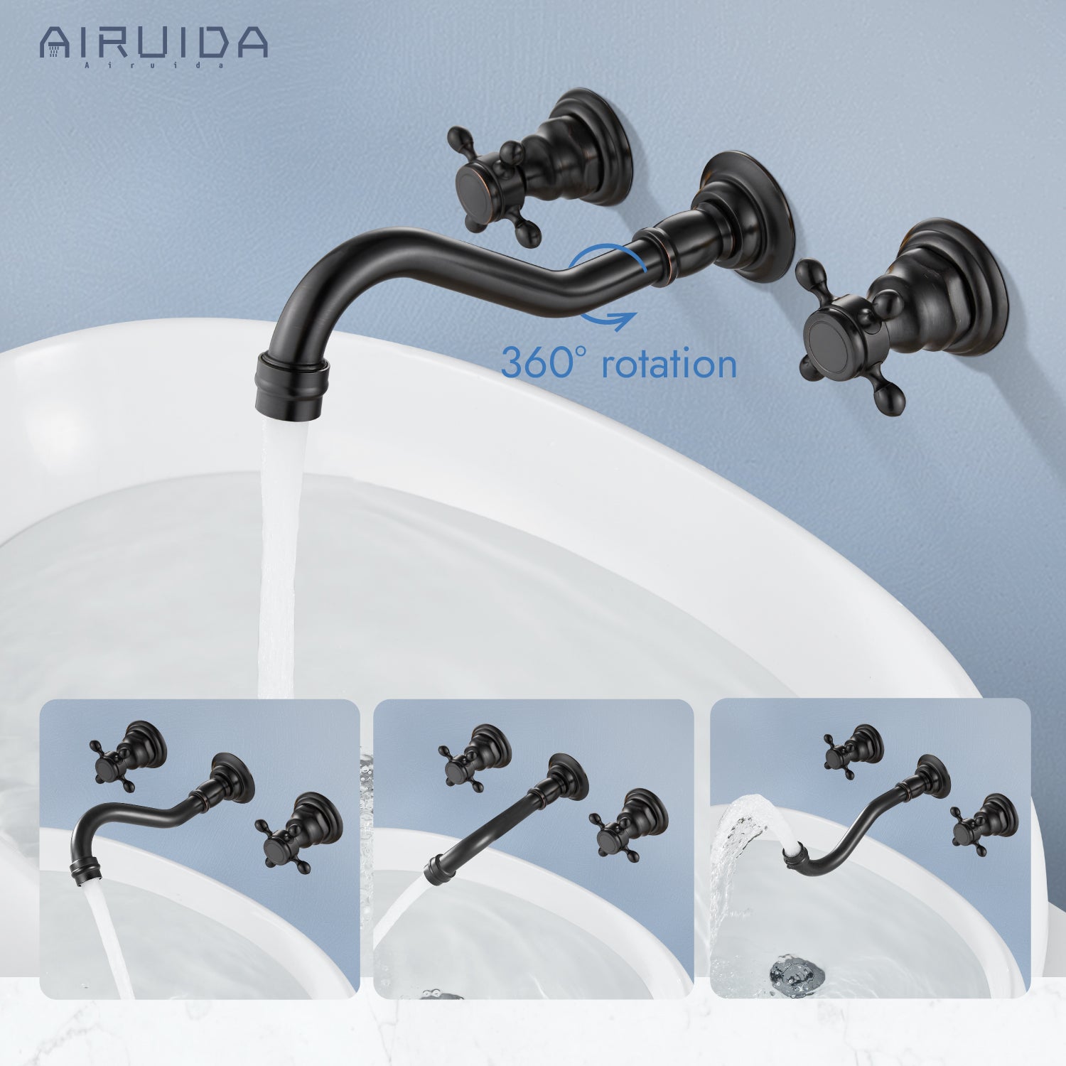 Airuida Wall Mount Faucet, Widespread Wall Mount Bathroom Sink Faucet, 360 Swivel Spout 2 Cross Knobs Handles 3 Holes Lavatory Basin Sink Mixing Faucet with Rough in Valve