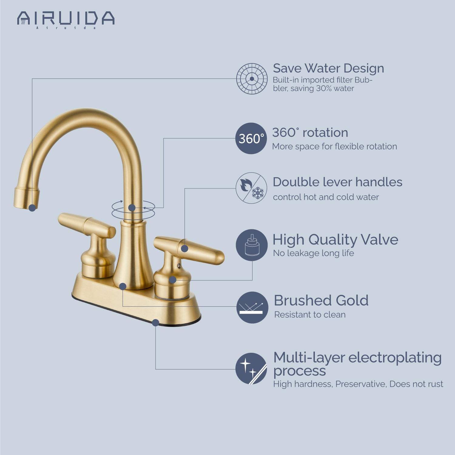 Airuida Bathroom Faucet 4 inch Centerset Two Handle Bathroom Sink Faucet 360°Swivel Spout Bathroom Faucet with Supply Hoses and Pop Up Drain Deck Mount